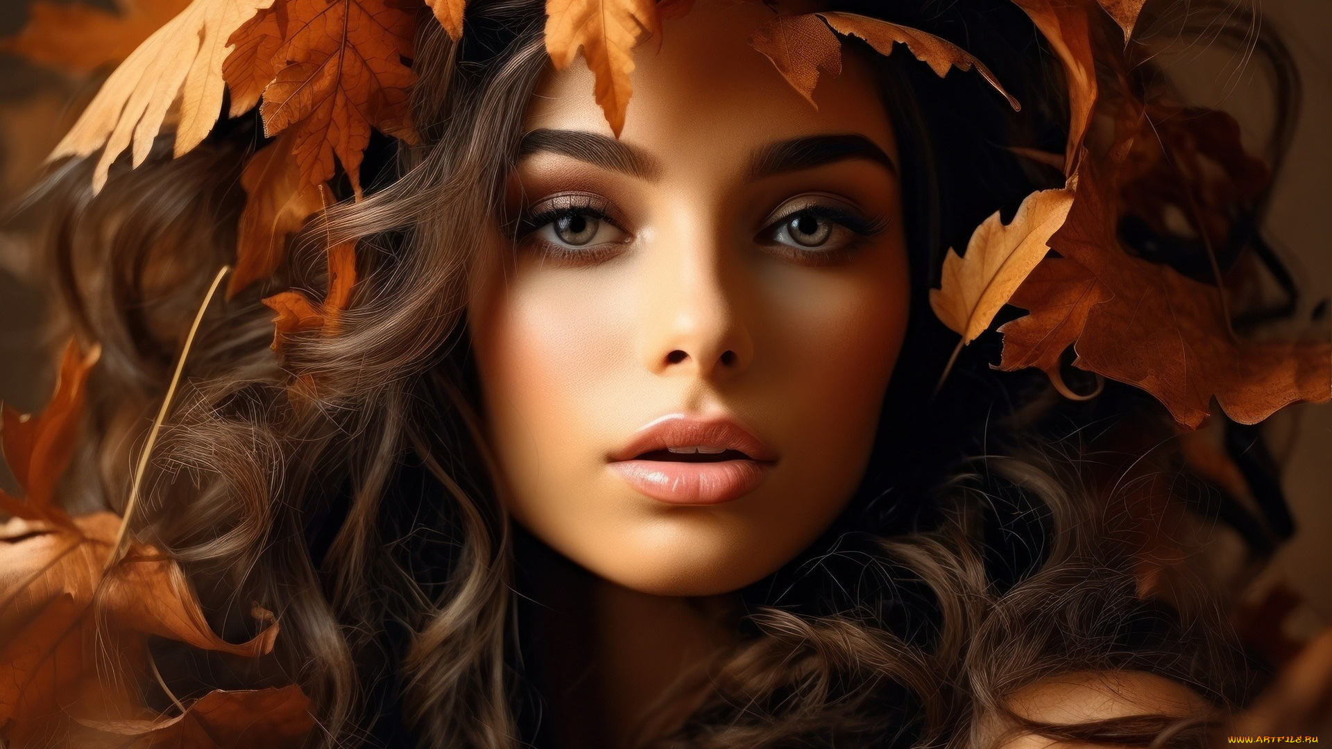 3д, графика, портреты, и, лица, , portraits, and, faсes, листья, портрет, брюнетка