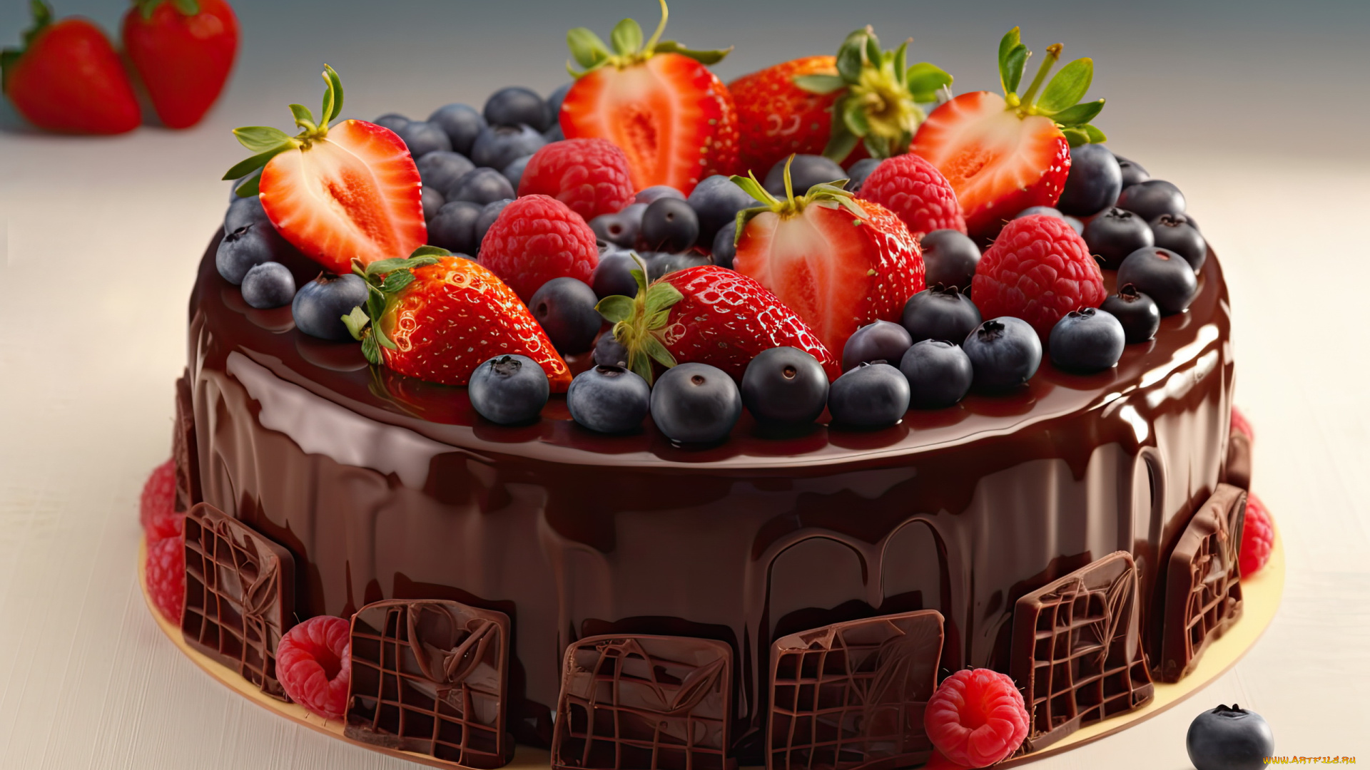 еда, торты, шоколадный, торт, ягоды