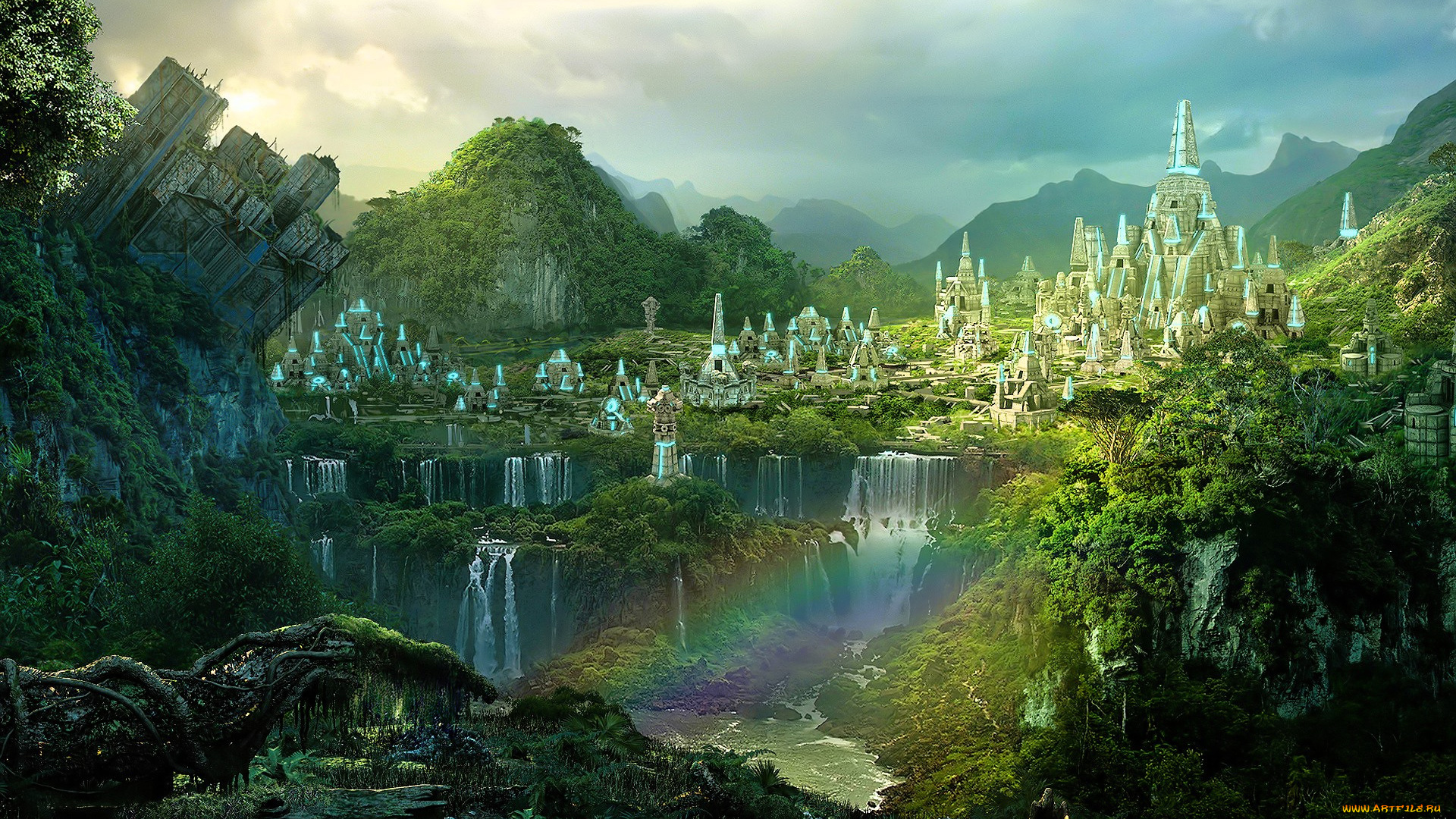 видео, игры, rise, of, nations, , rise, of, legends, город, горы, лес, долина, водопад, радуга