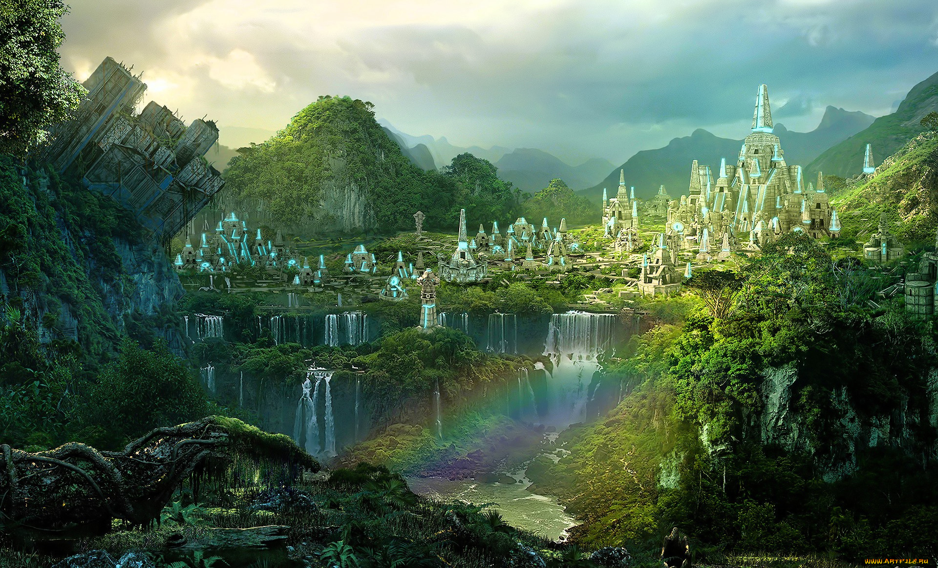 видео, игры, rise, of, nations, , rise, of, legends, город, горы, лес, долина, водопад, радуга