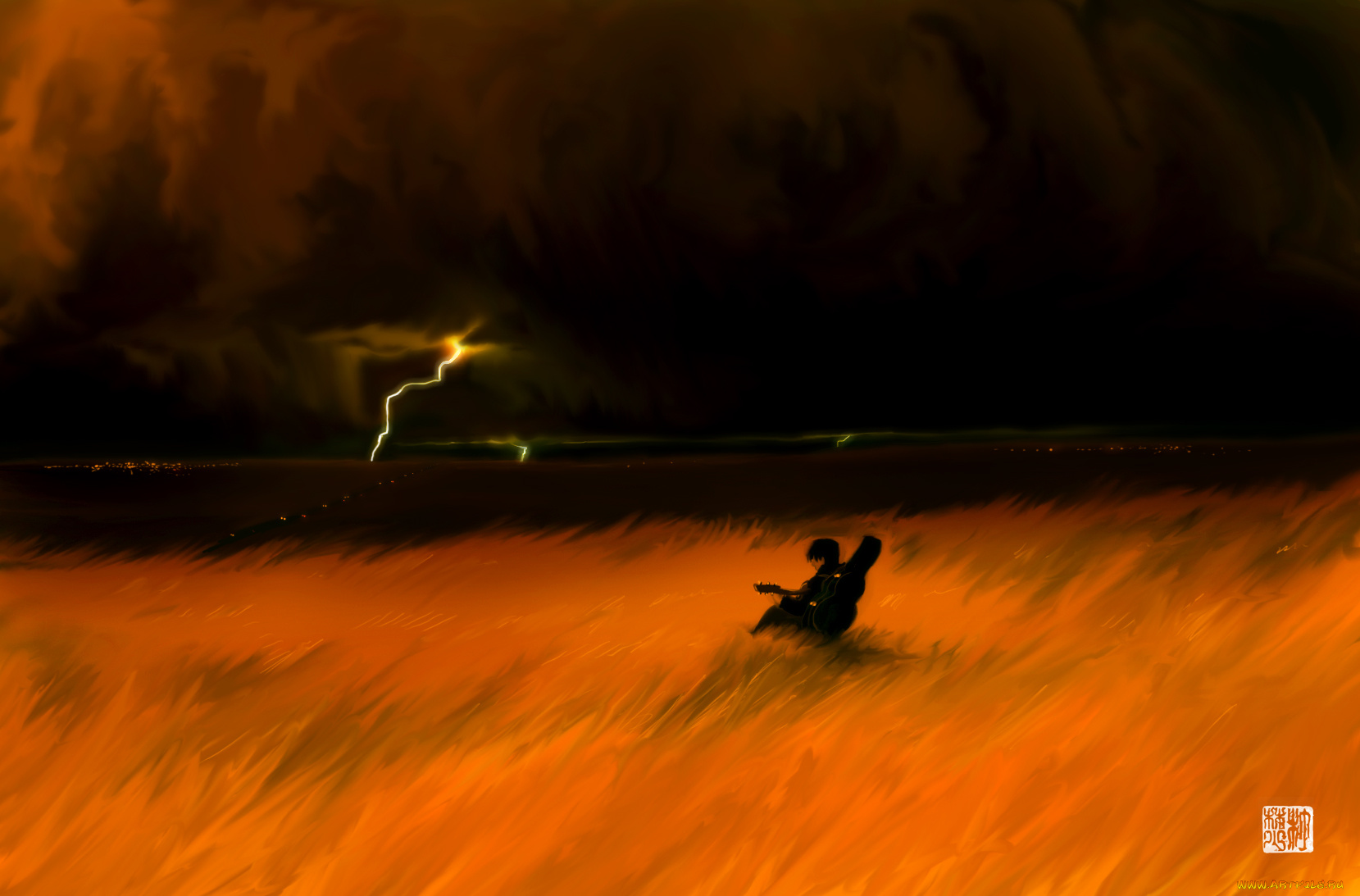 аниме, headphones, instrumental, гроза, парень, гитара, поле, музыка