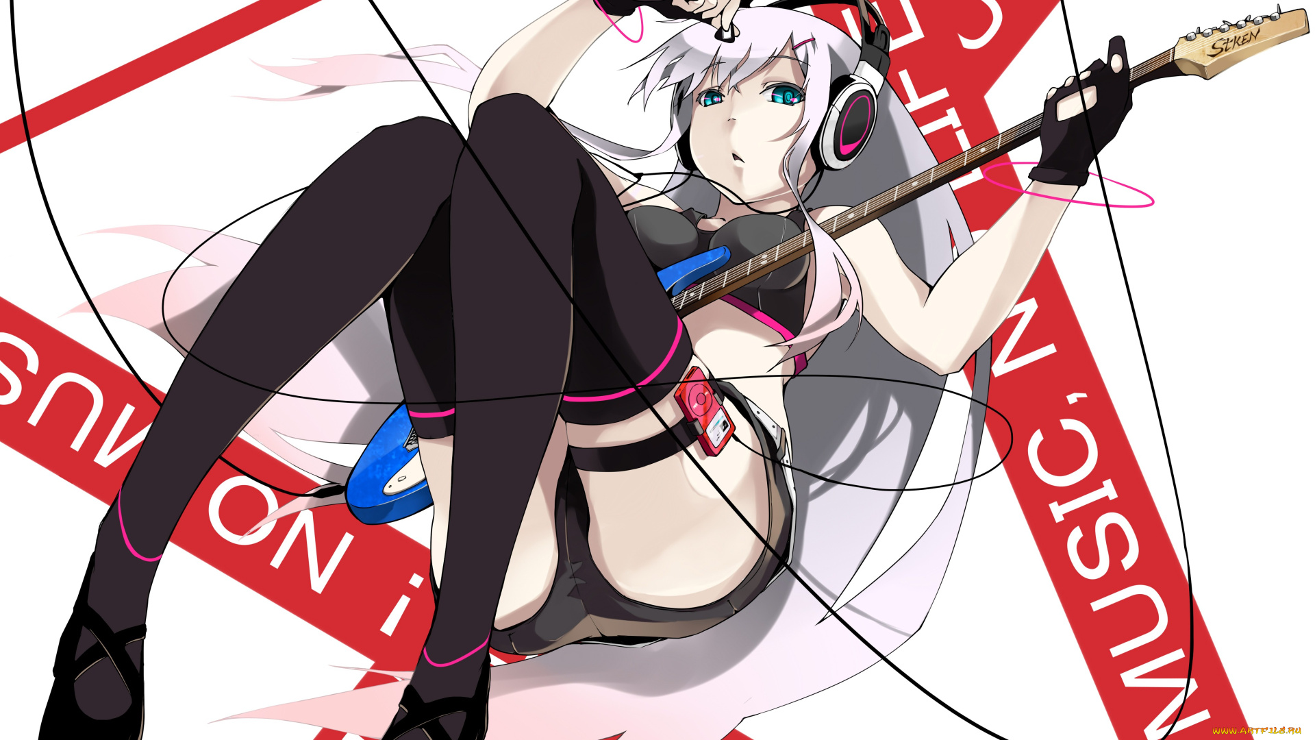 аниме, headphones, instrumental, девушка, гитара, наушники, плеер, музыка