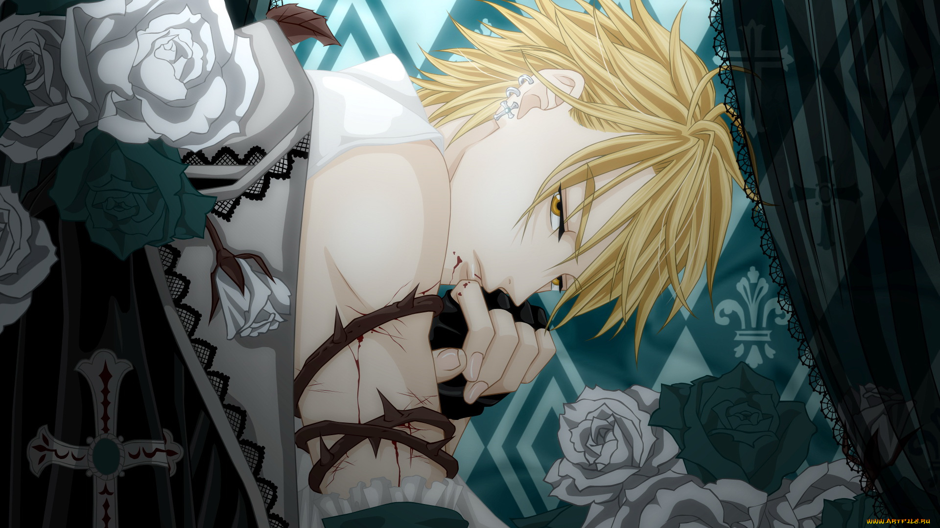 аниме, uragiri, wa, boku, no, namae, wo, shitteiru, hotsuma, renjou, мужчина, шипы, розы, цветы, кровь, шторы, крест