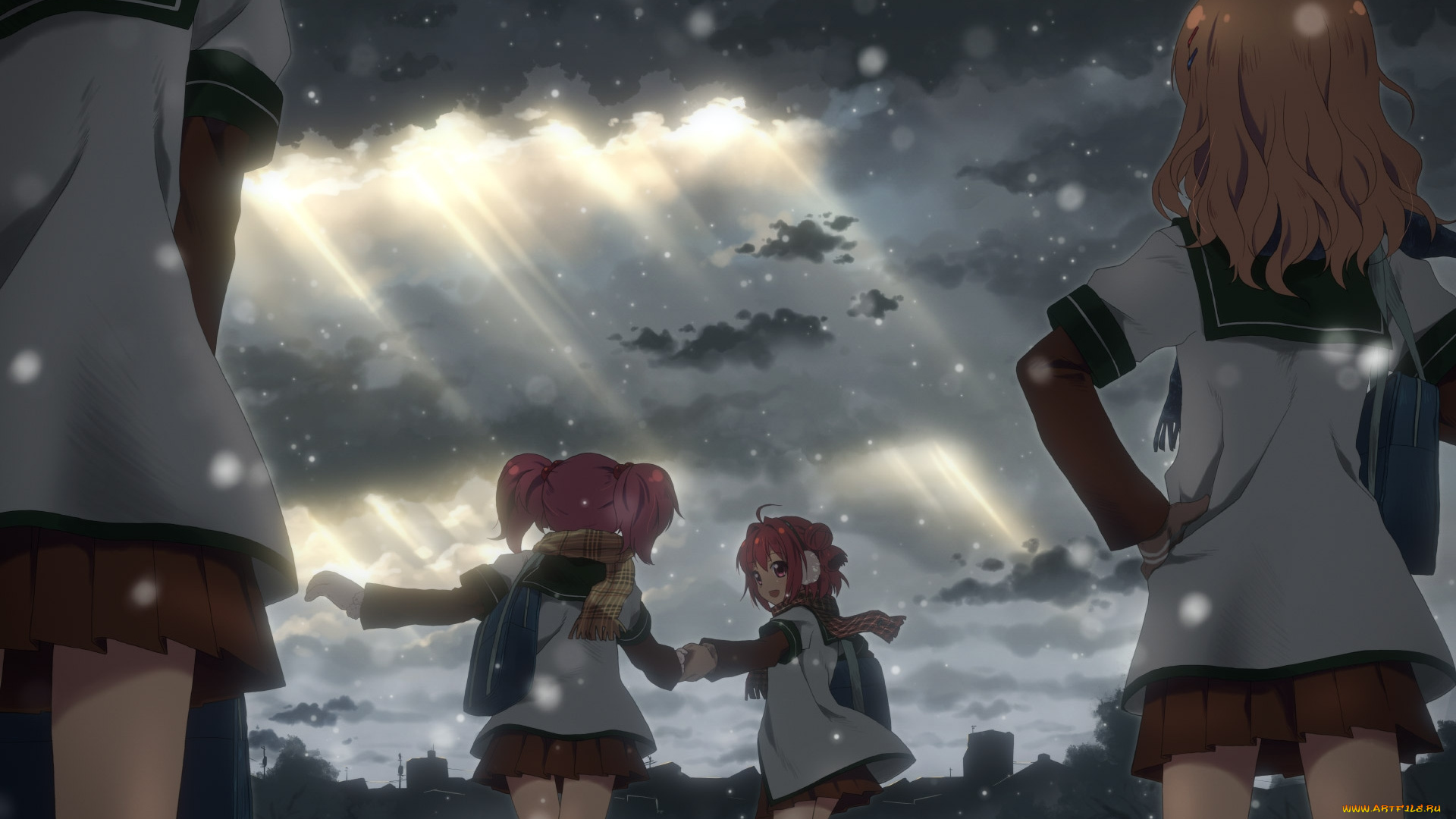 аниме, yuru, yuri, снег, небо, девушки