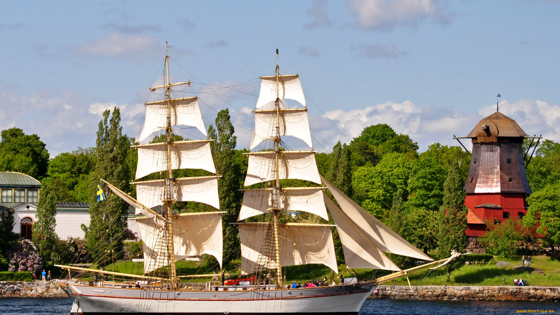 brig, tre, kronor, корабли, парусники, швеция, nacka, море, маяк