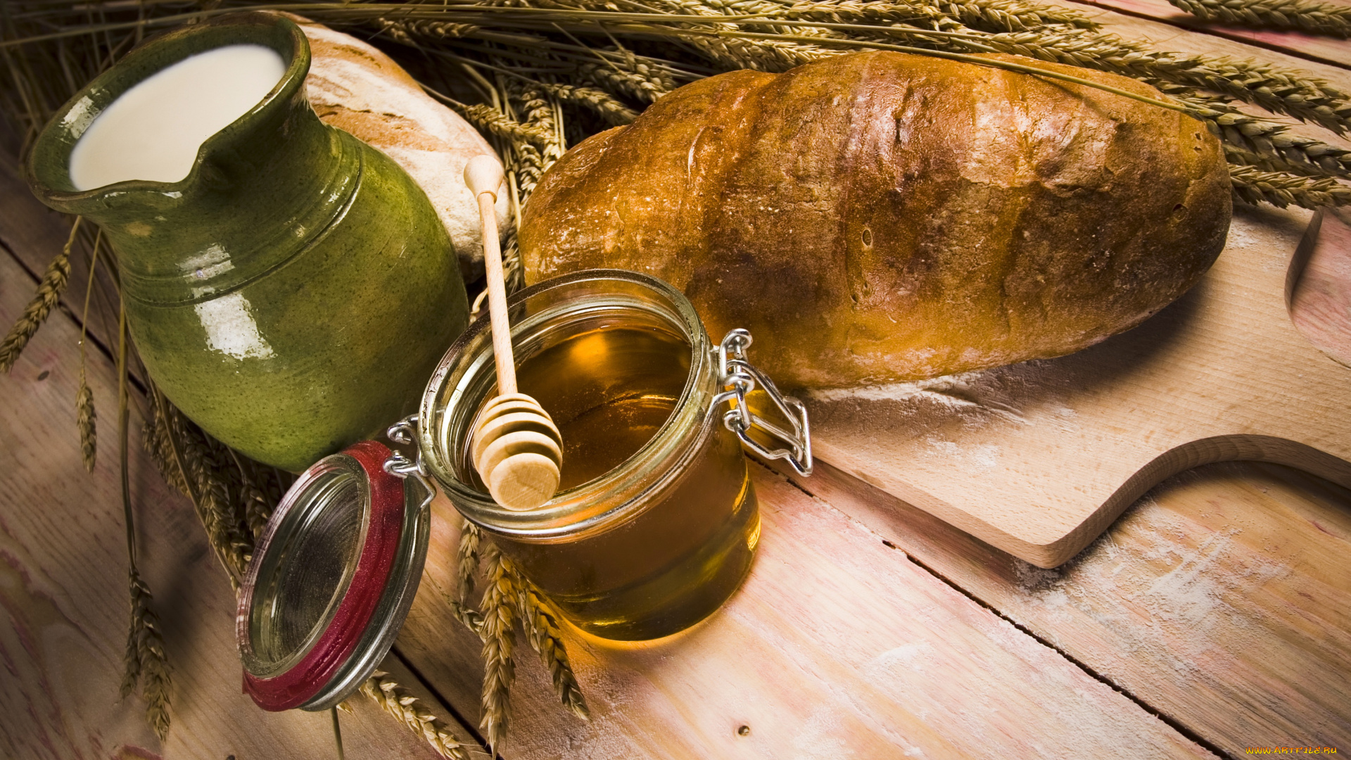 еда, мёд, варенье, повидло, джем, баночка, пестик, кувшин, молоко, колосья, хлеб, мука, стол