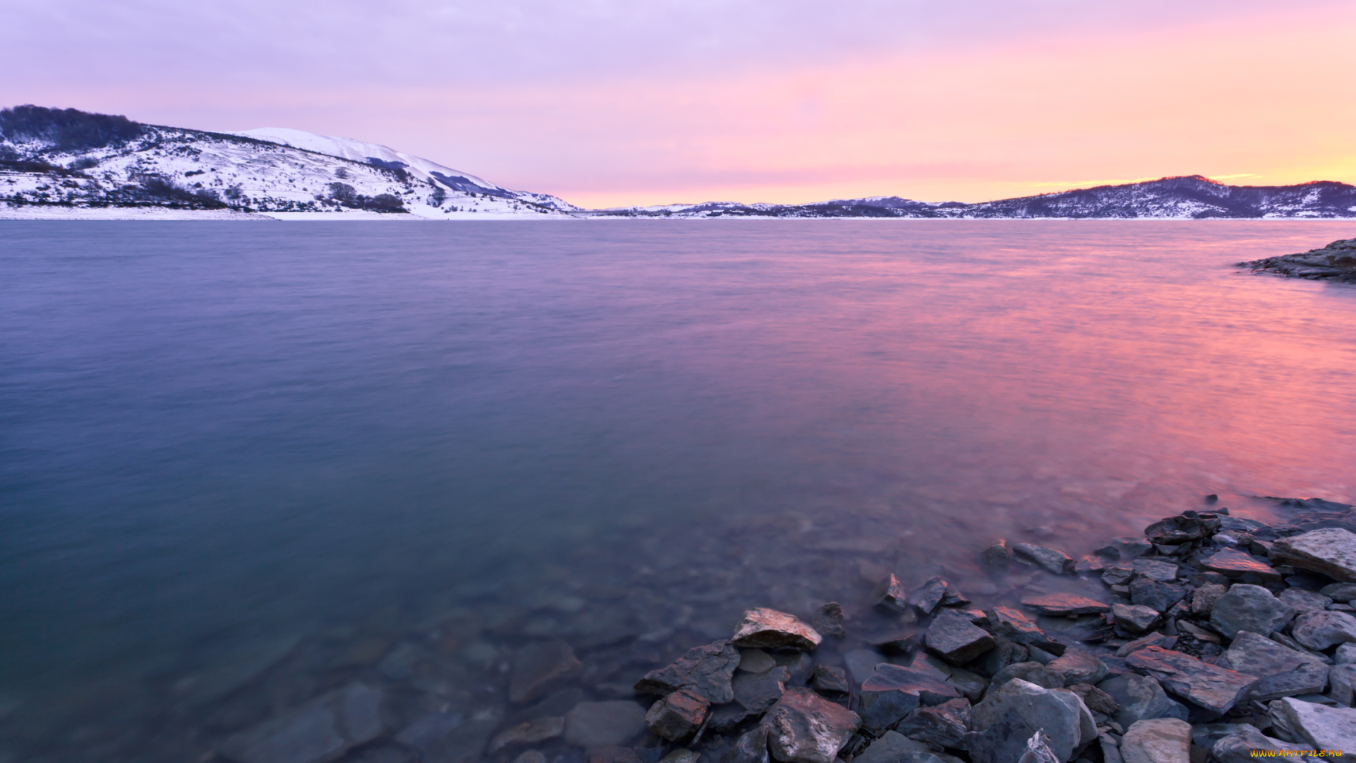 природа, реки, озера, озеро, горы, камни, закат