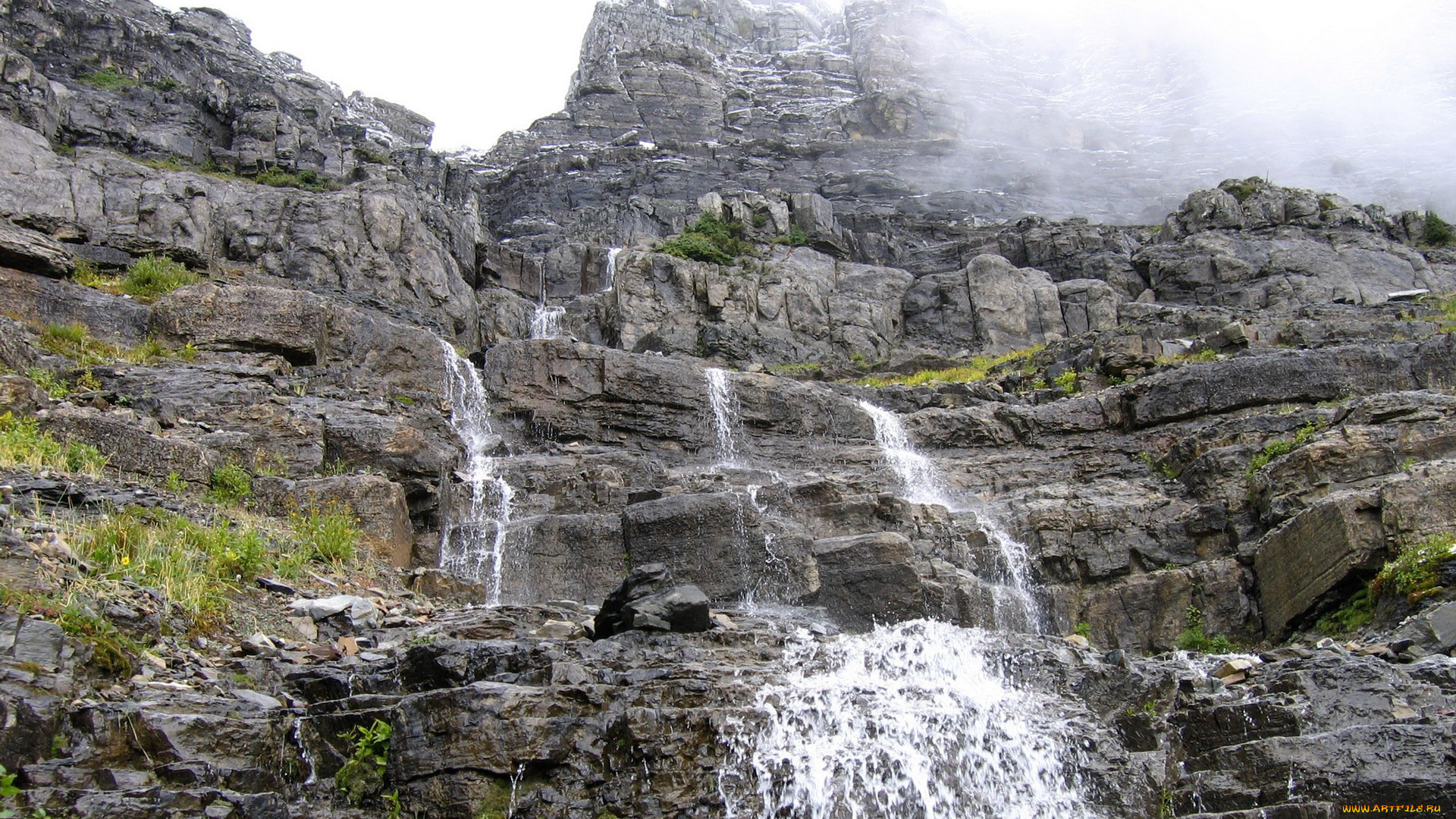природа, водопады, дымка, вода, скала