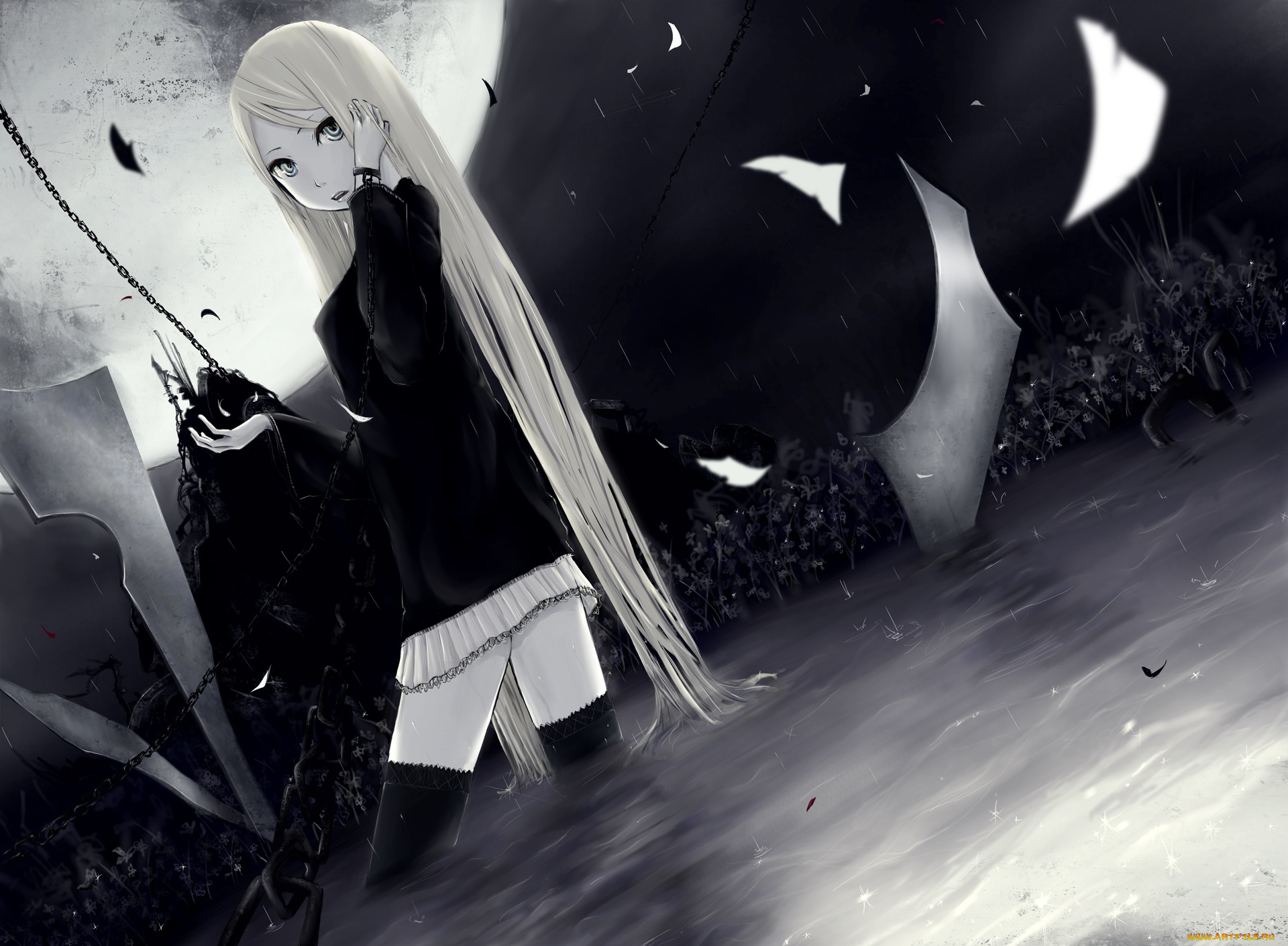 аниме, *unknown, другое, девушка, цепи, вода, ночь, луна