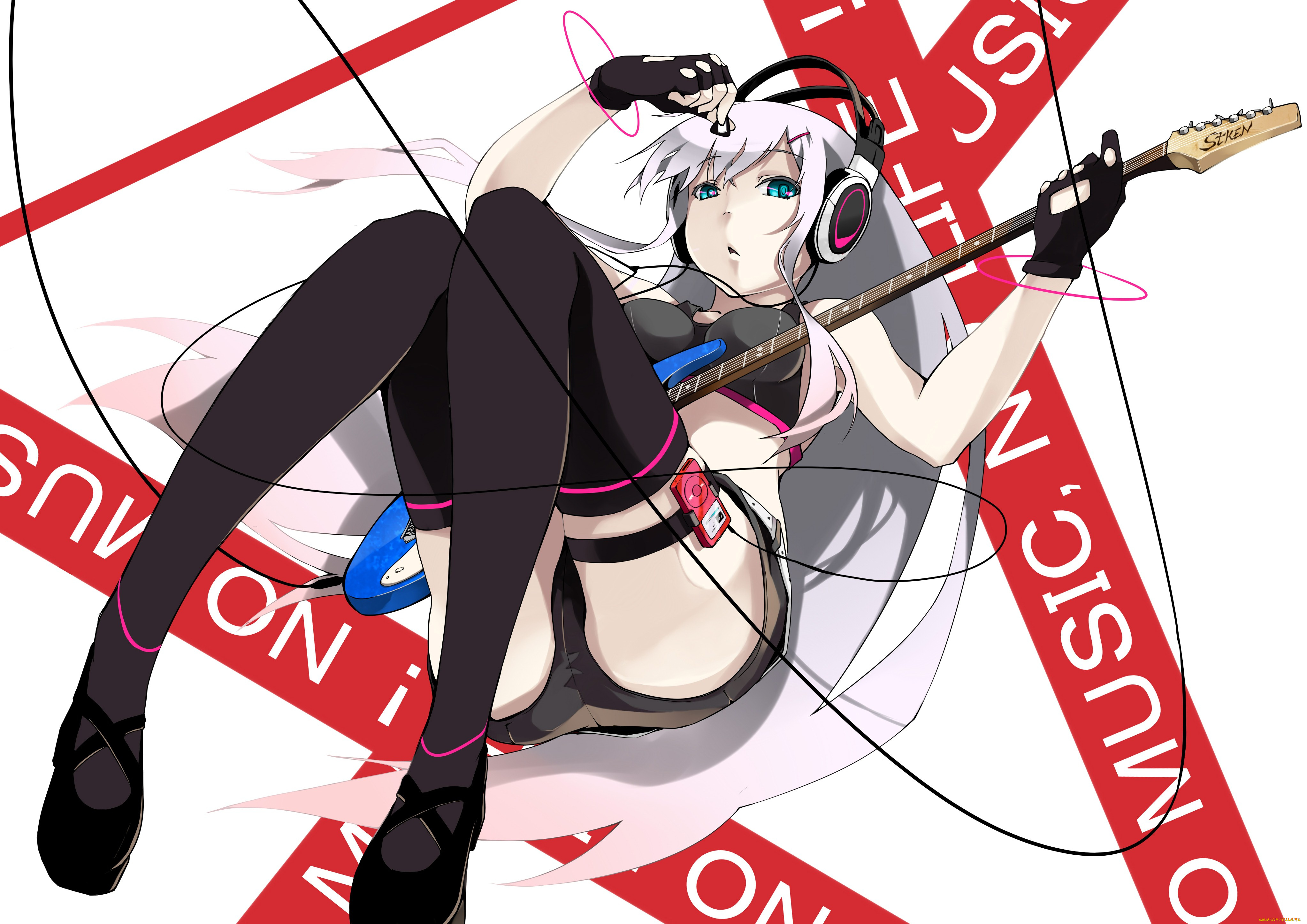 аниме, headphones, instrumental, девушка, гитара, наушники, плеер, музыка