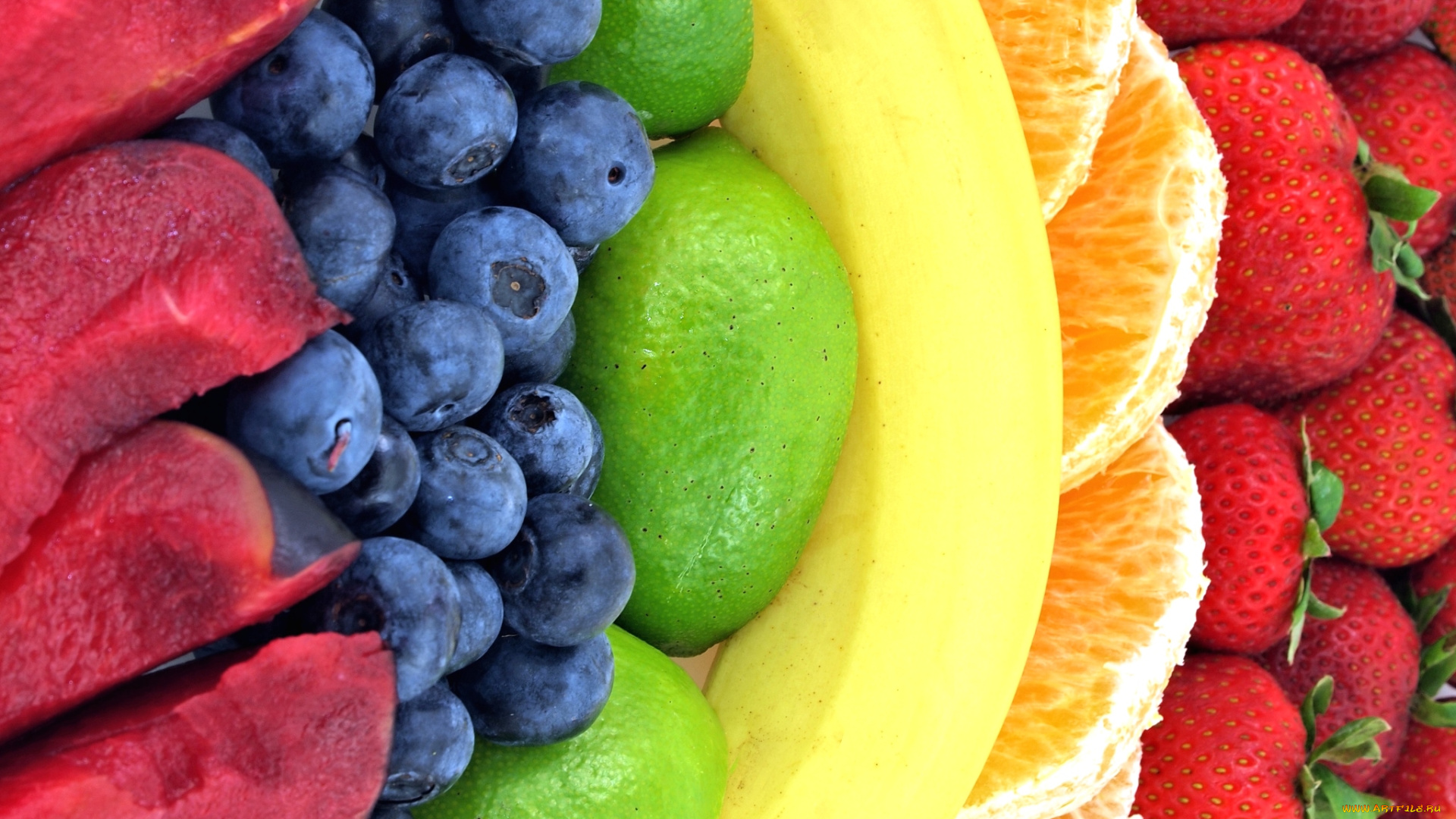 еда, фрукты, ягоды, слива, банан, апельсин, клубника, голубика, лайм