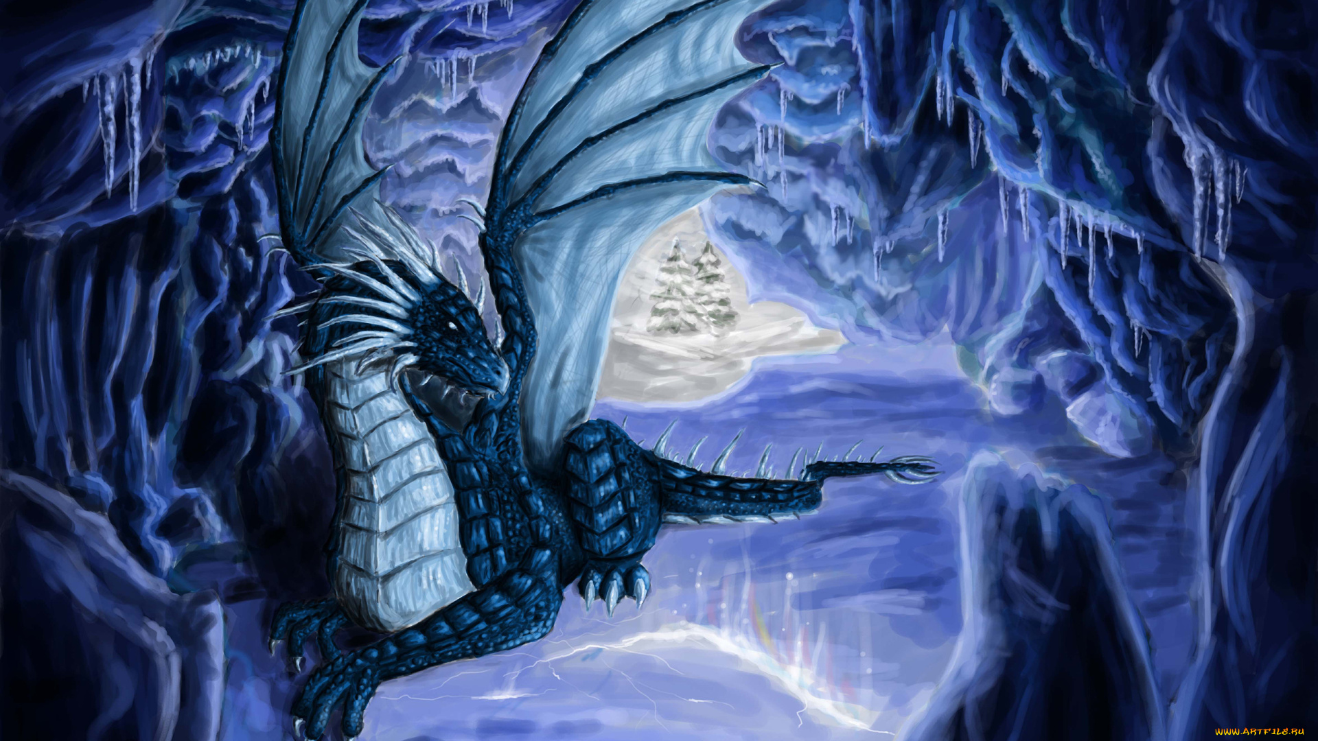 фэнтези, драконы, пещера, крылья, лед, хвост
