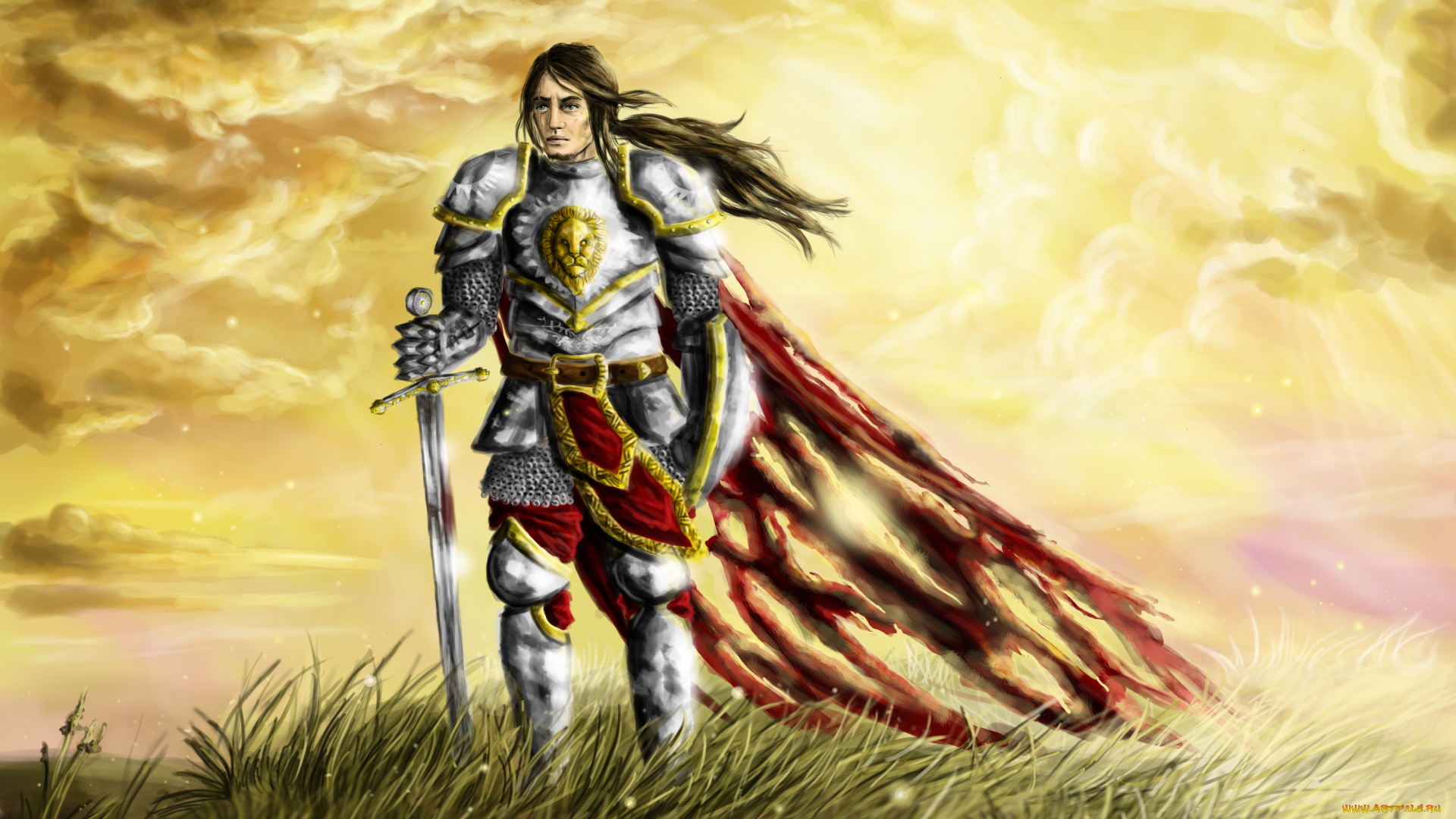 фэнтези, люди, рыцарь, доспехи, меч, герб, трава, плащ