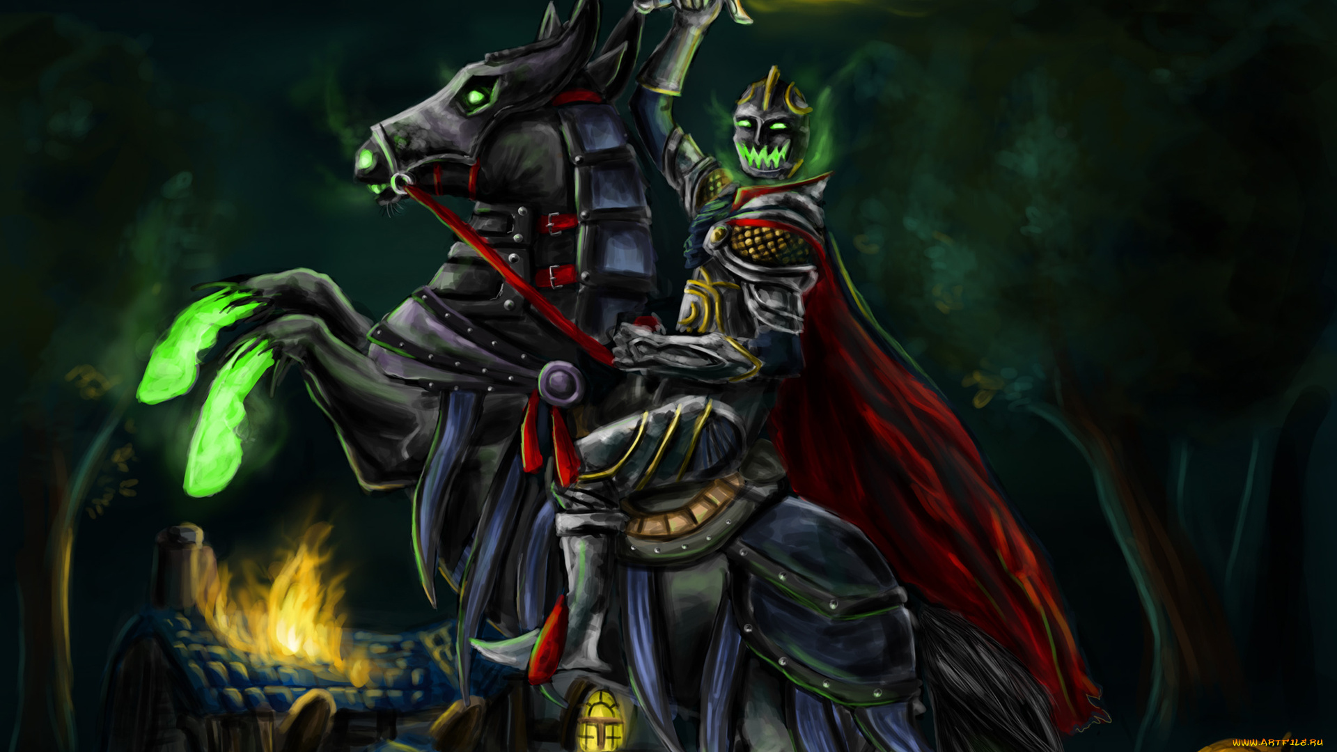 фэнтези, всадники, наездники, доспехи, огонь, меч, конь, тыква, плащ, дерево, хижина