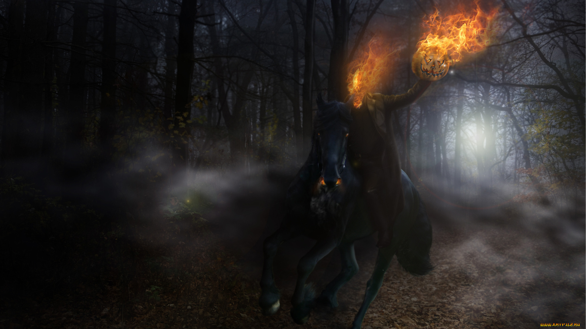 фэнтези, всадники, наездники, тыква, огонь, лес