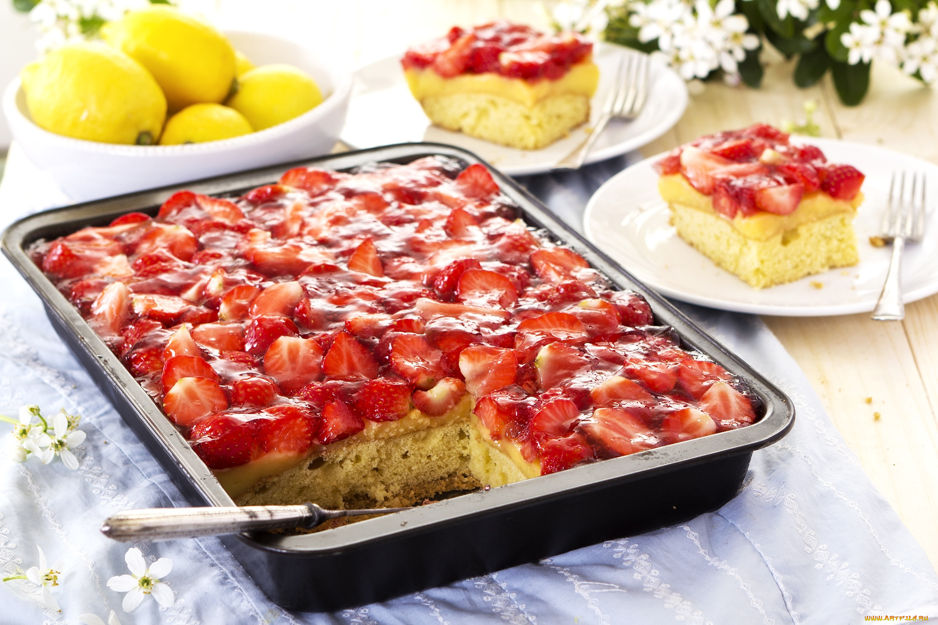 еда, пироги, клубничный, пирог