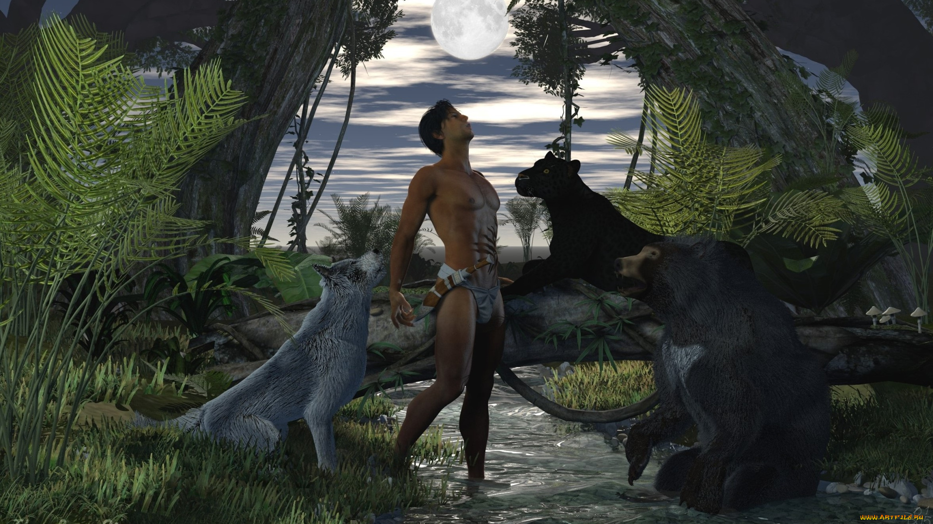 3д, графика, фантазия, , fantasy, маугли, звери, мужчина, луна, лес