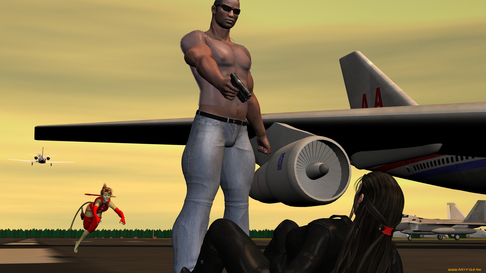 3д, графика, фантазия, , fantasy, самолет, девушка, мужчина, оружие