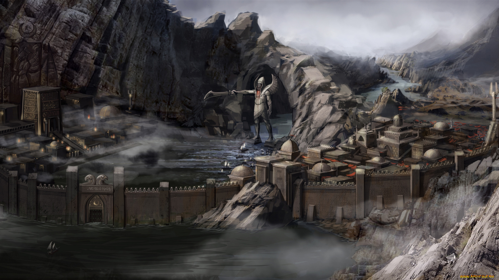 фэнтези, иные, миры, , иные, времена, река, город, горы, панорама, статуя