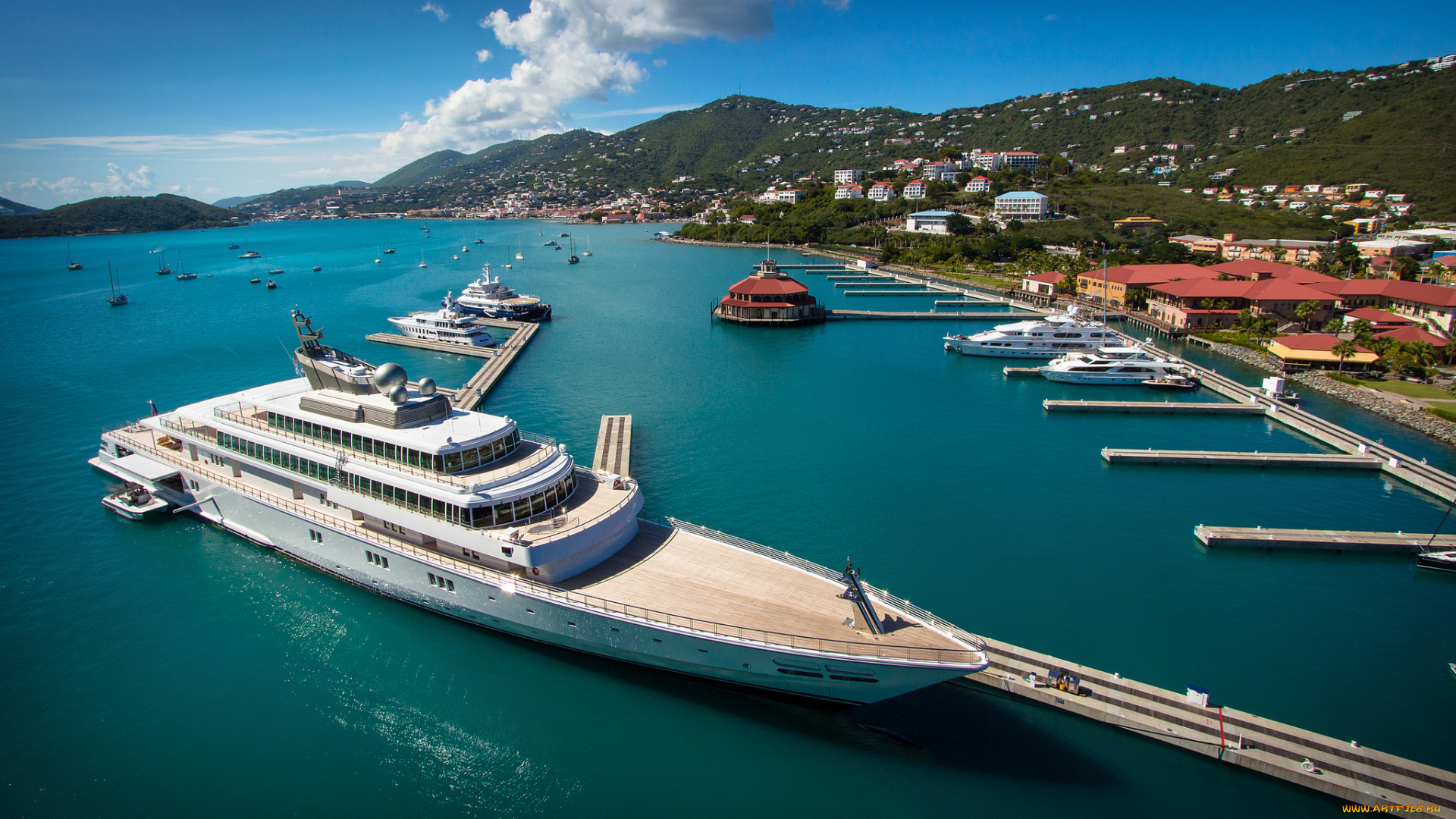 корабли, Яхты, причалы, бухта, горы, судно