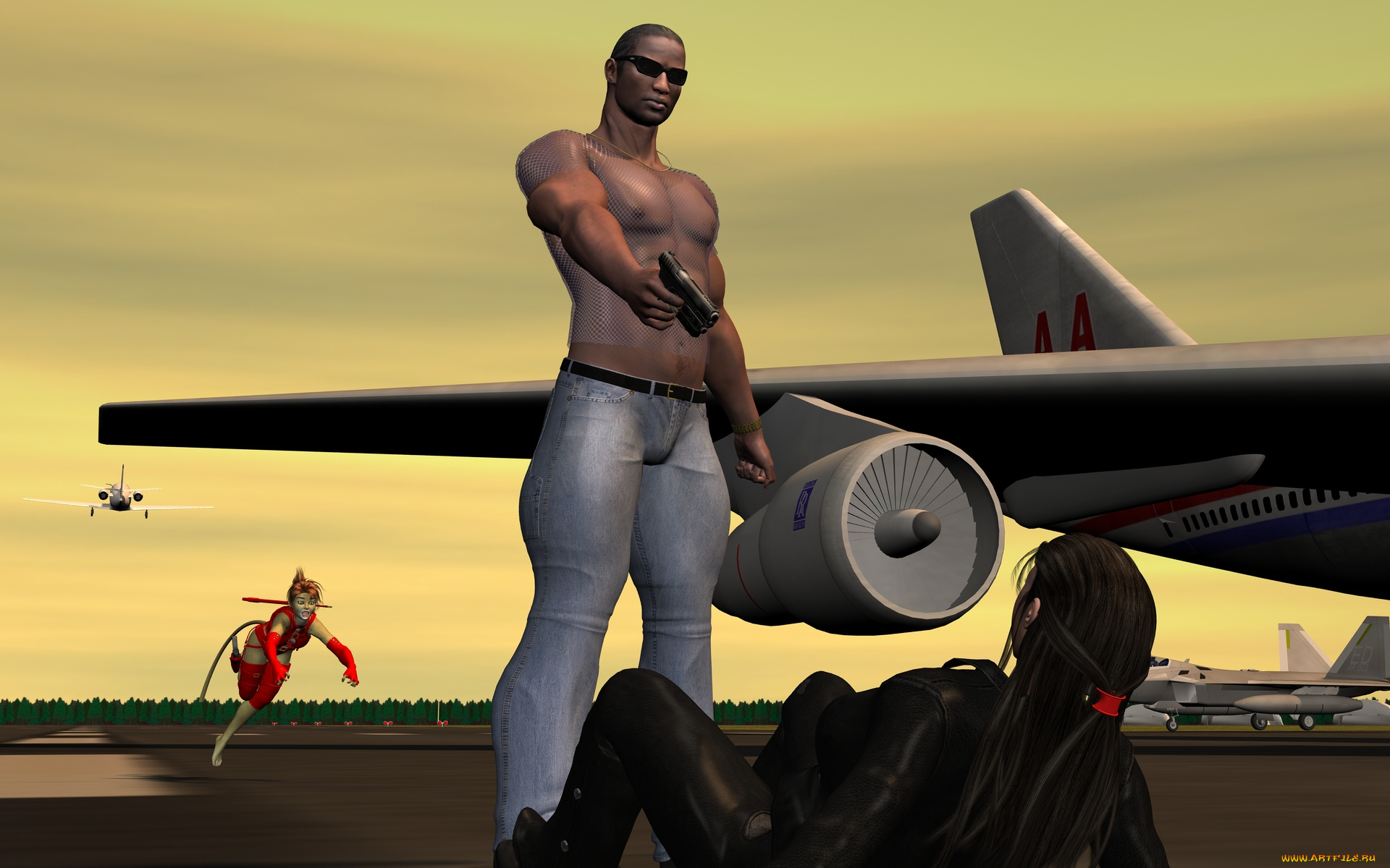 3д, графика, фантазия, , fantasy, самолет, девушка, мужчина, оружие