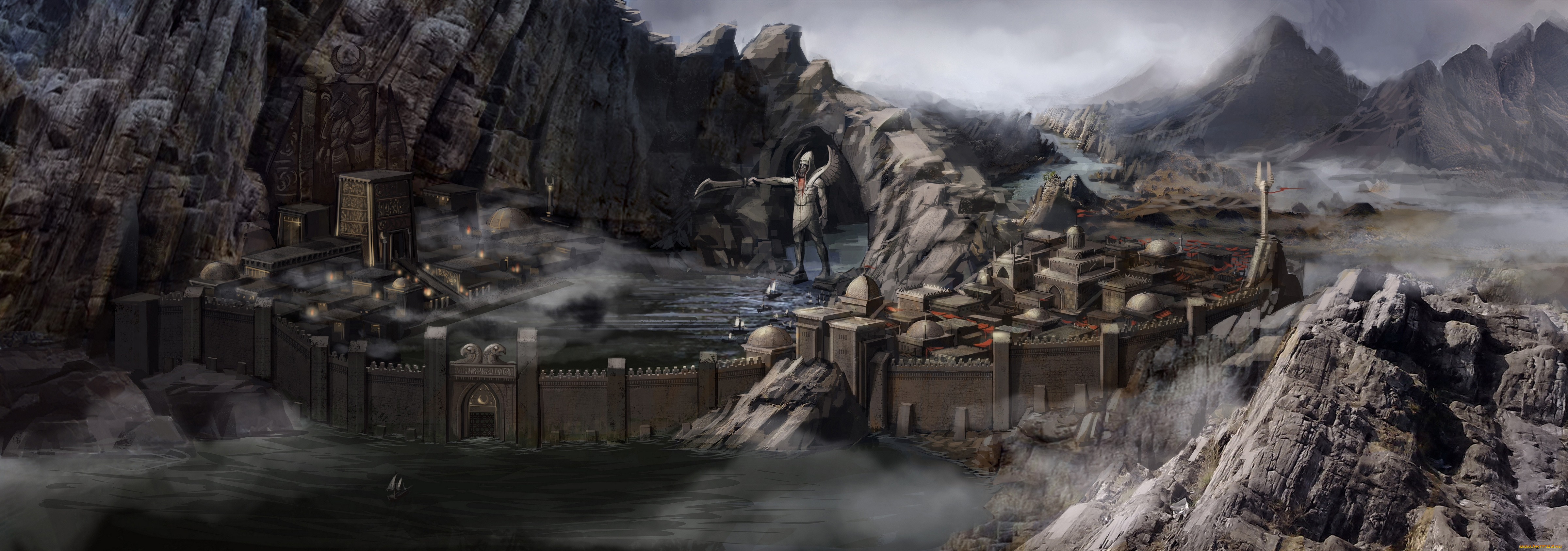 фэнтези, иные, миры, , иные, времена, река, город, горы, панорама, статуя