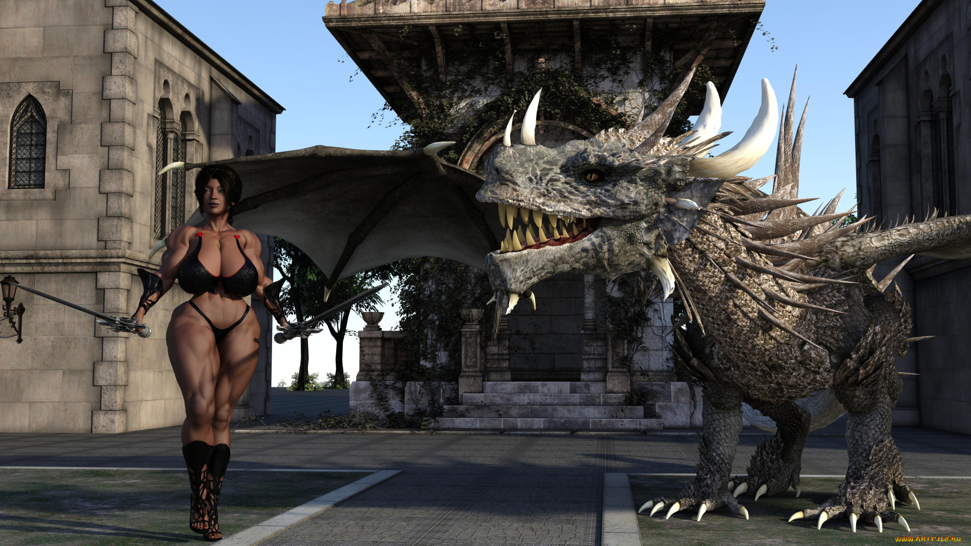 3д, графика, фантазия, , fantasy, девушка, дракон, оружие, фон, взгляд