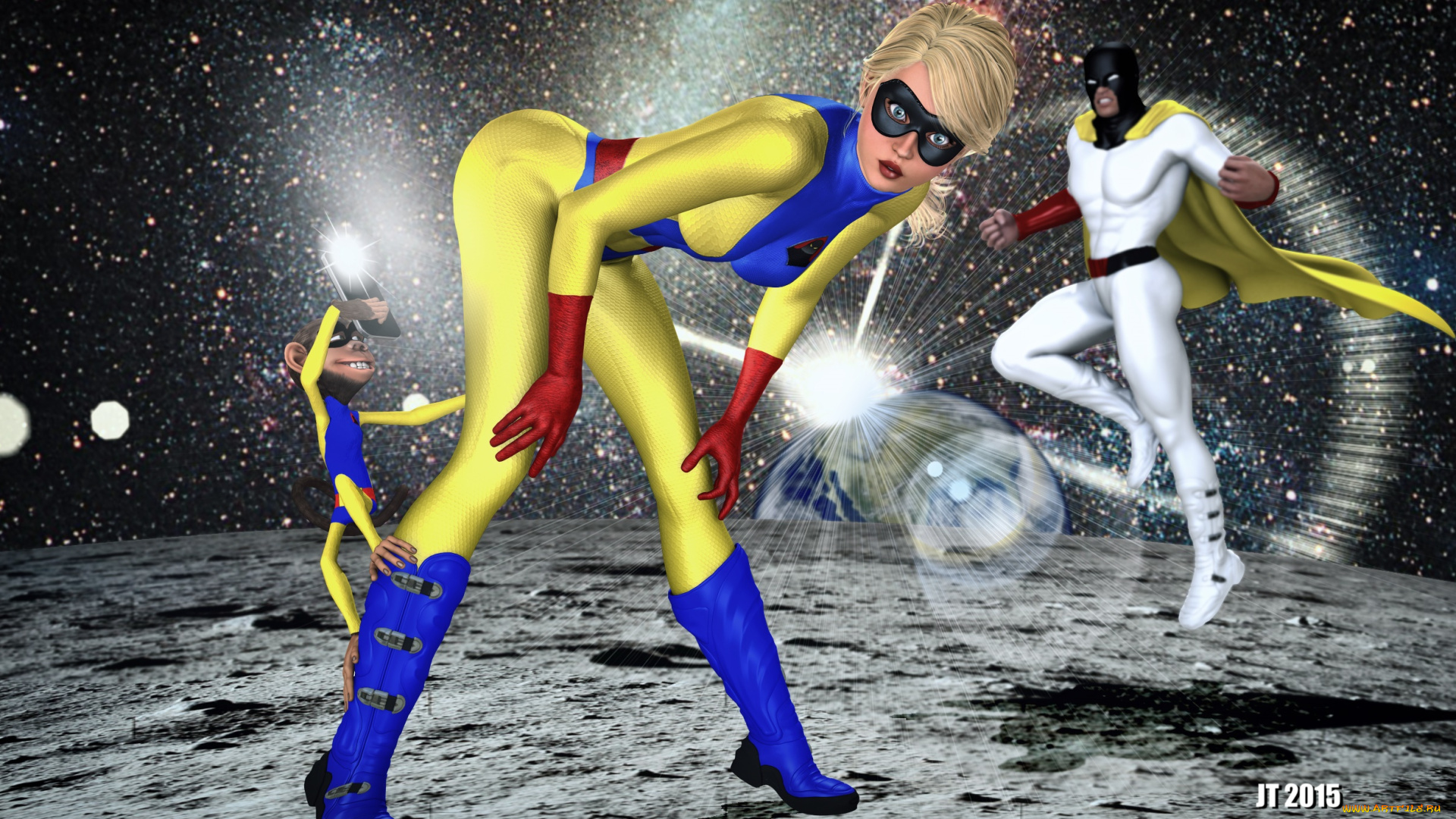 3д, графика, фантазия, , fantasy, девушка, взгляд, фон, супермен, обезьяна