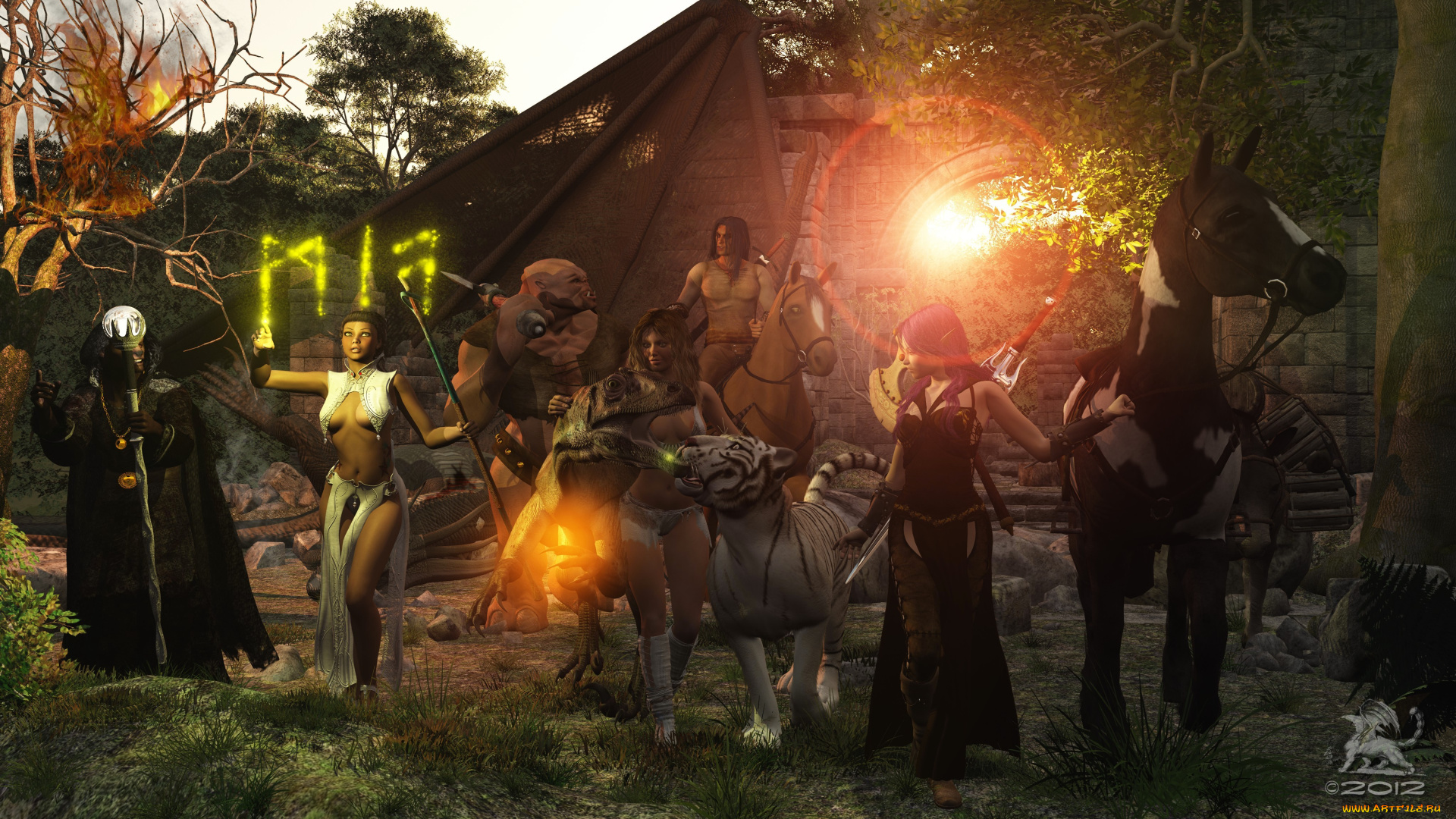 3д, графика, фантазия, , fantasy, тигр, лошади, люди, маг