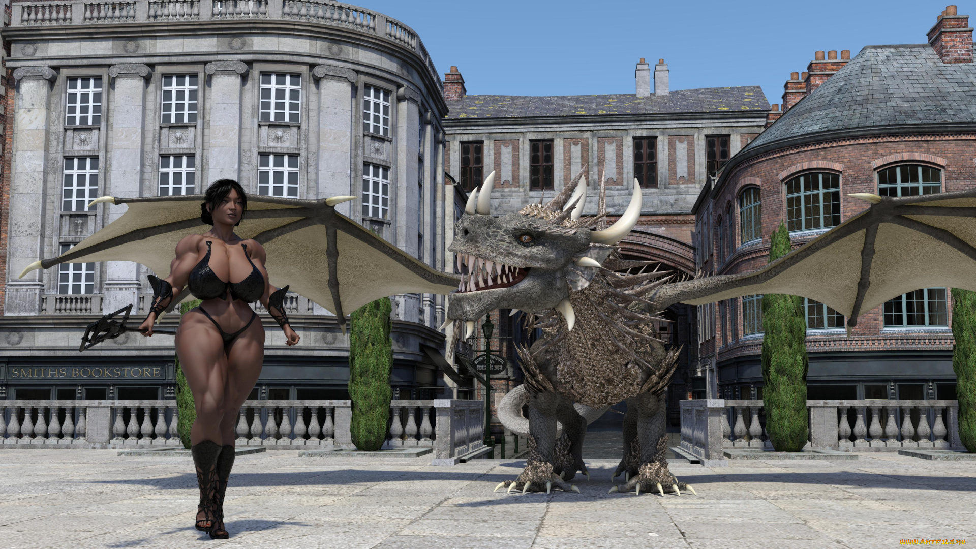 3д, графика, люди, , people, девушка, дракон, оружие, фон, взгляд