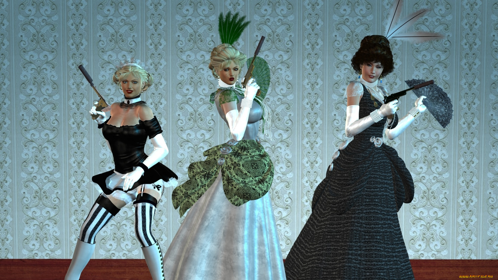 3д, графика, люди, , people, девушки, веер, оружие, фон, взгляд, перья