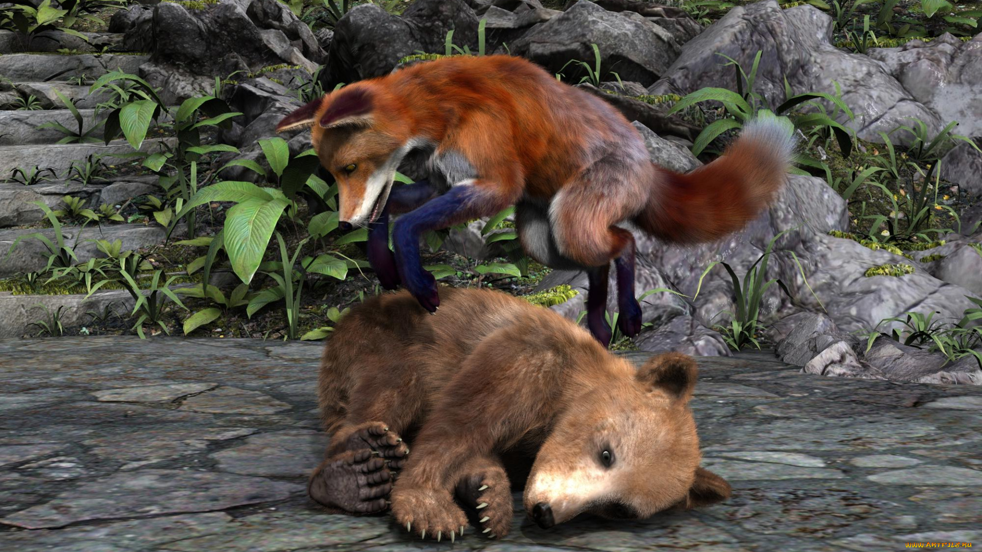 3д, графика, животные, , animals, игра, лиса, медведь