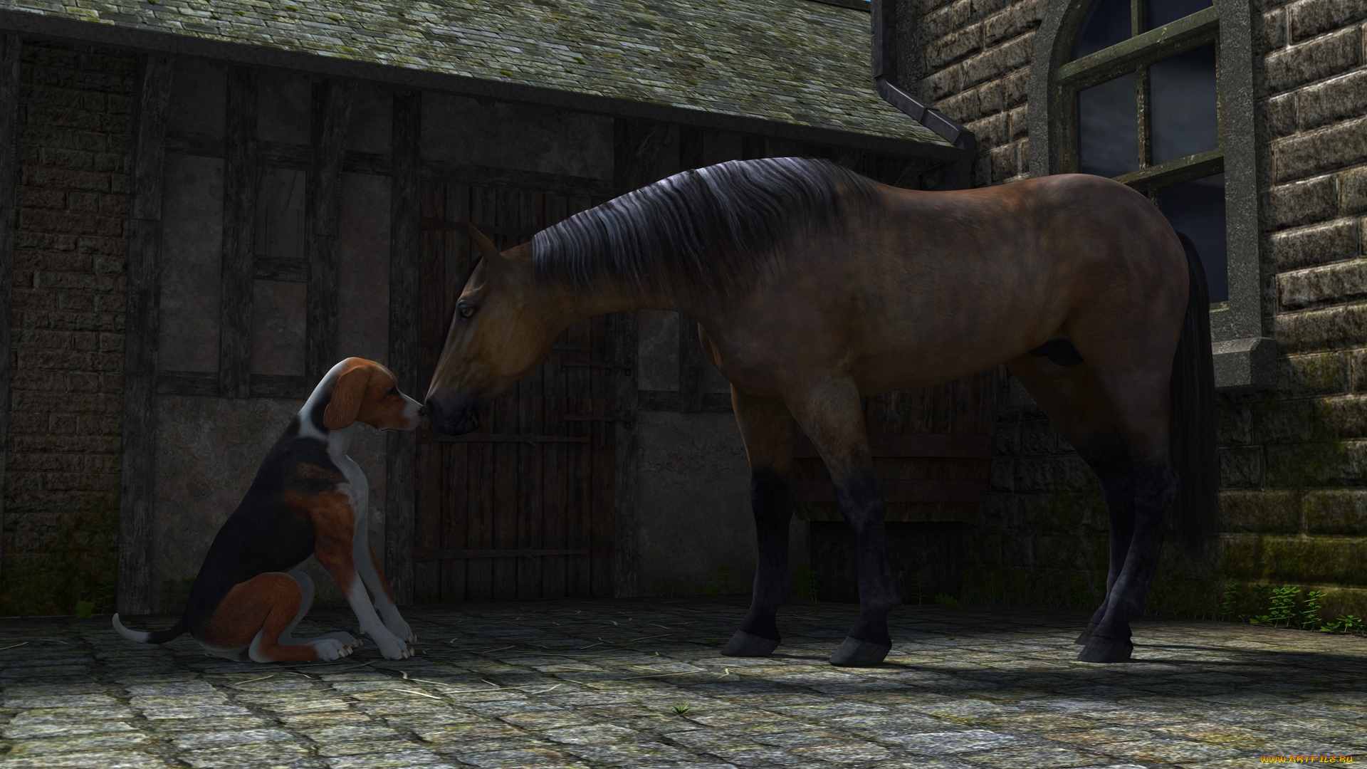 3д, графика, животные, , animals, лошадь, фон, ночь, собака