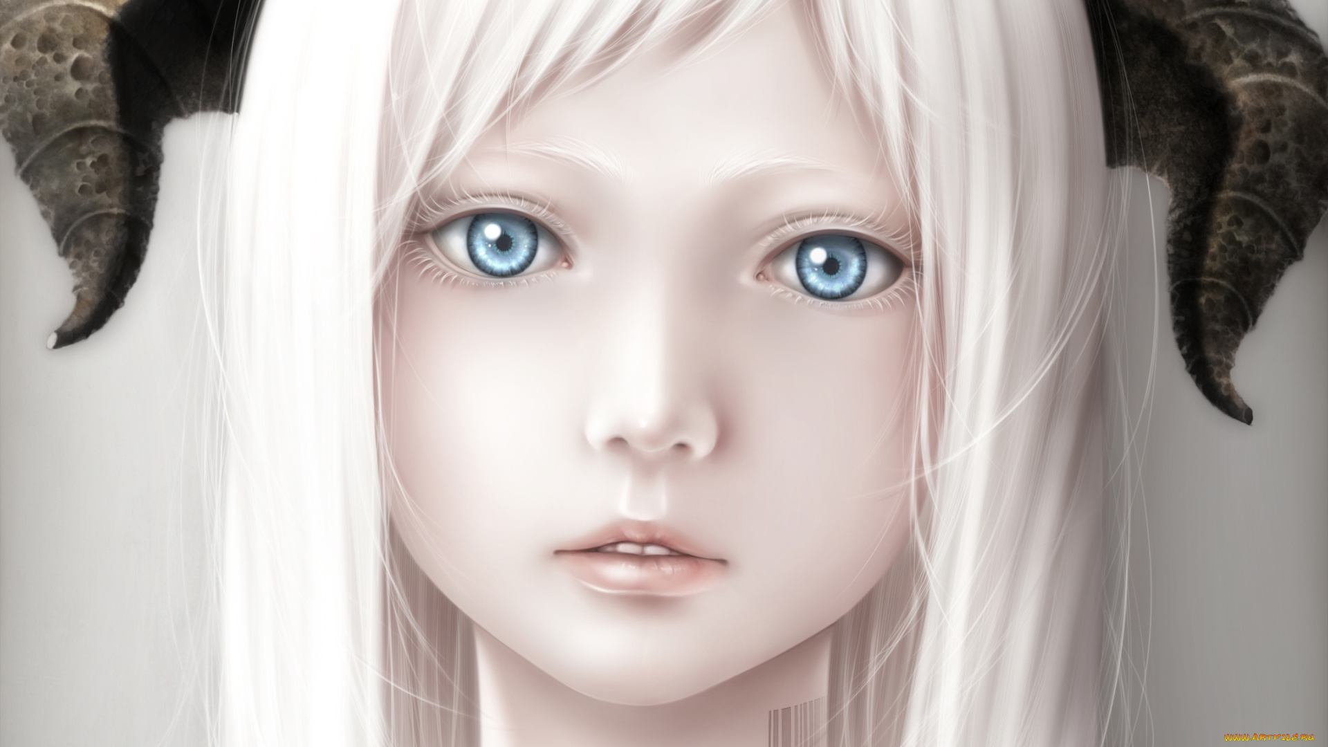 аниме, ангелы, , демоны, штрих-код, рога, белые, волосы, девушка, bouno, satoshi, арт, крупный, план