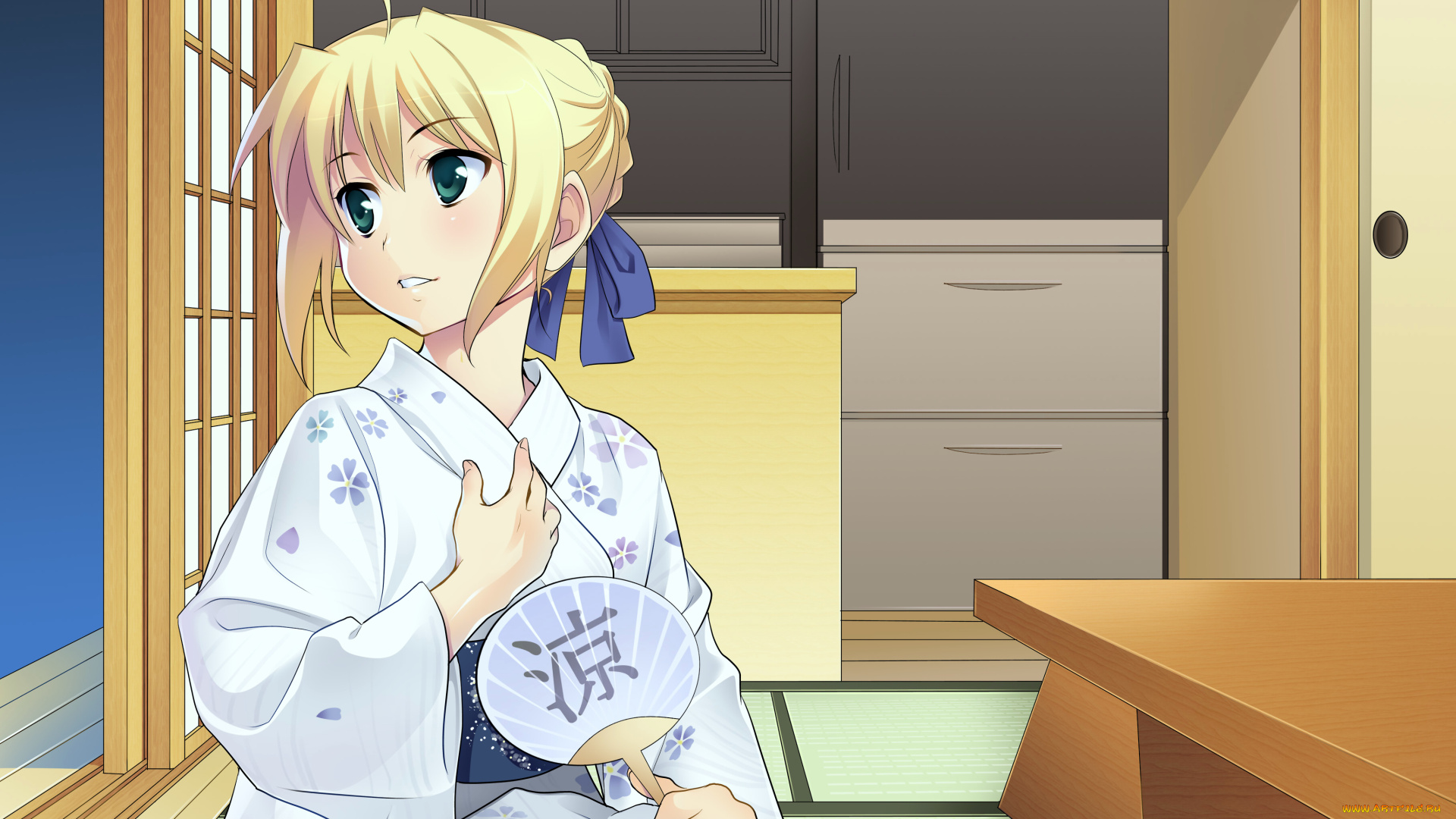 аниме, fate, stay, night, saber, azu, арт, девочка, веер