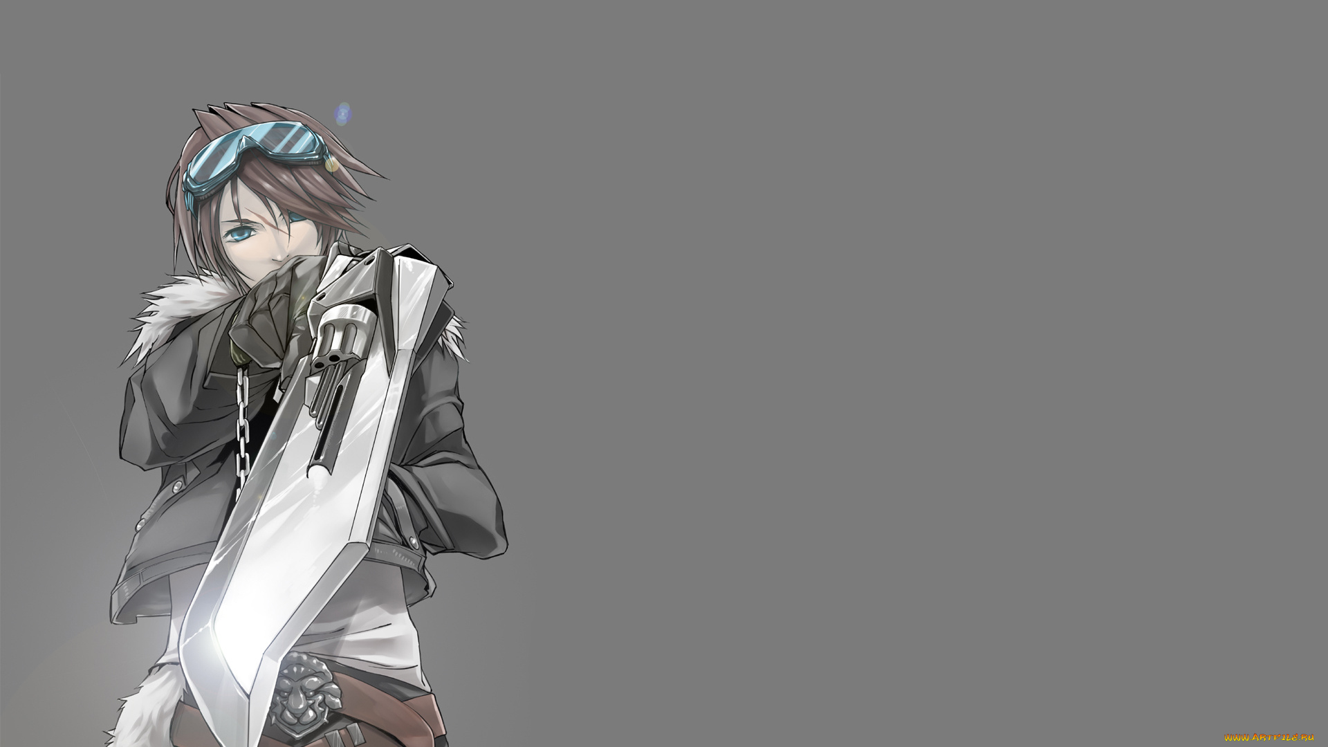 аниме, final, fantasy, арт, парень, оружие, меч, серый, фон