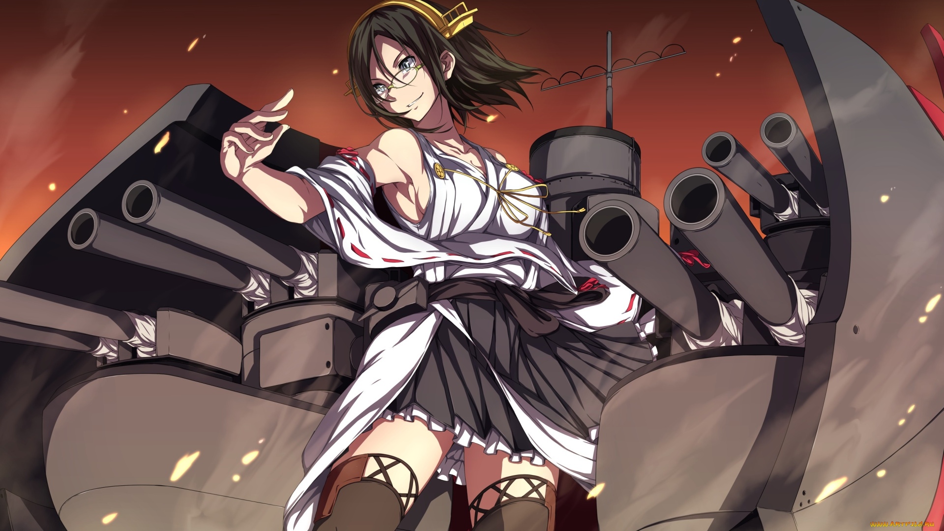 аниме, kantai, collection, девушка, kancolle, sblack, арт, kantai, collection, kirishima, оружие, пушки