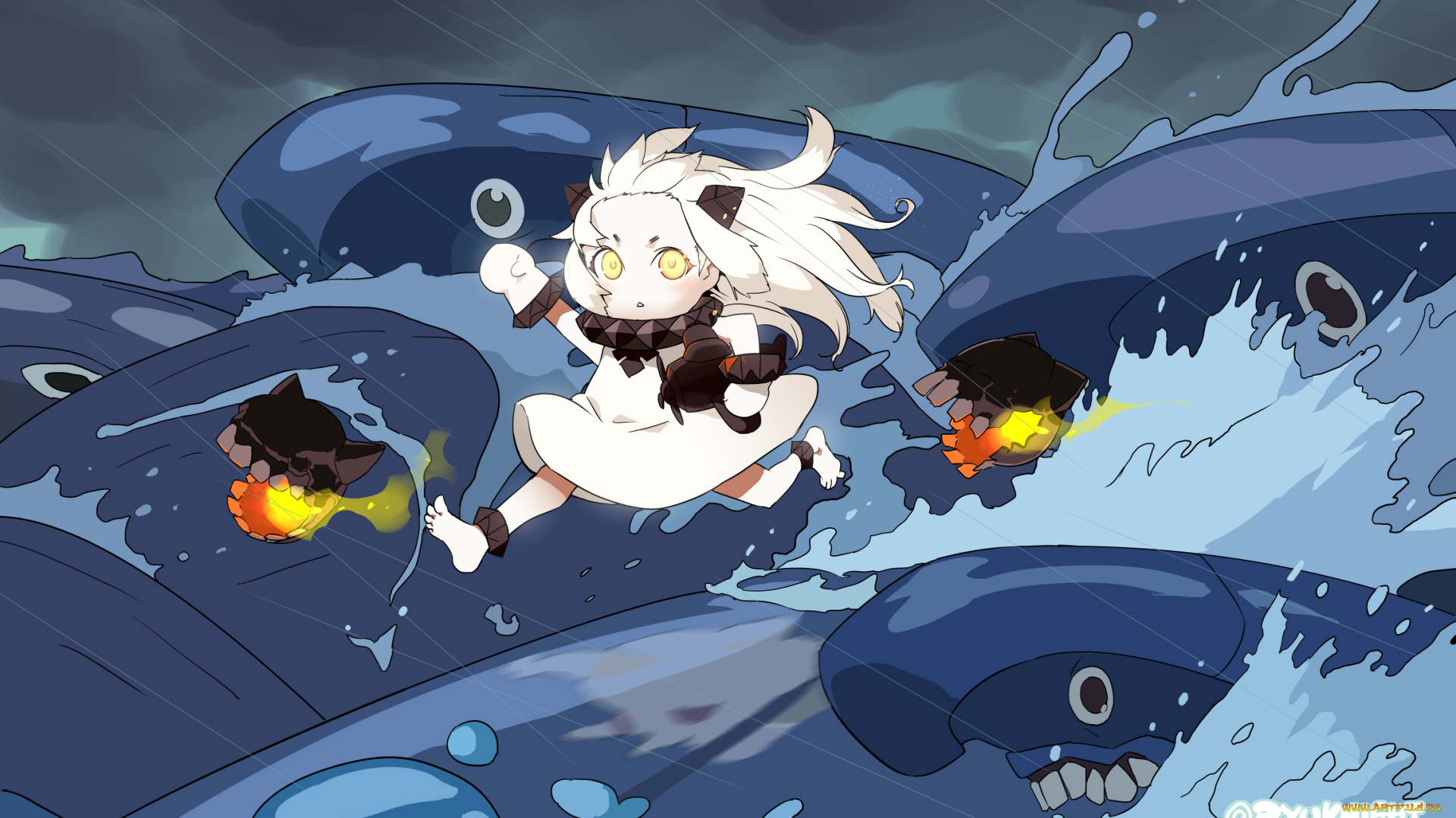 аниме, kantai, collection, kantai, collection, зубы, девочка, море, northern, ocean, hime, дождь, naitou, ryuu, арт