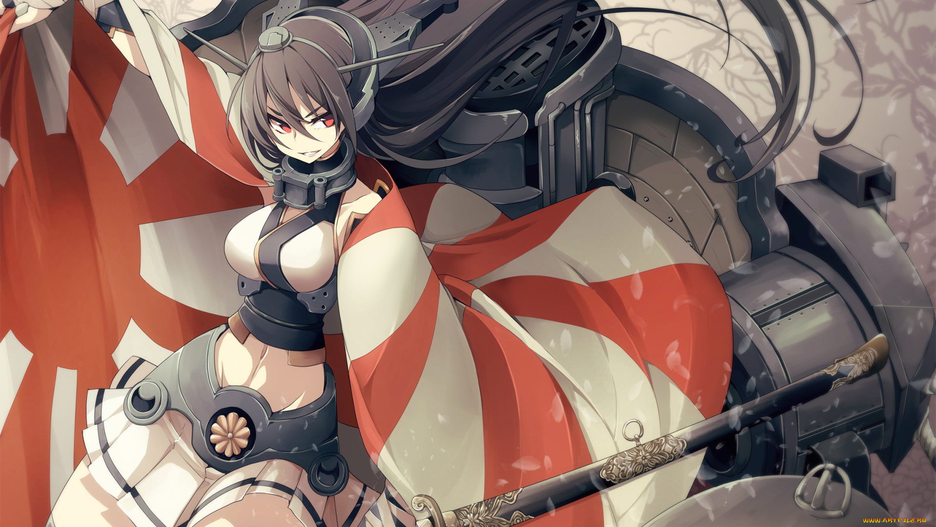 аниме, kantai, collection, kantai, collection, меч, оружие, арт, девушка, tansuke, kancolle, nagato