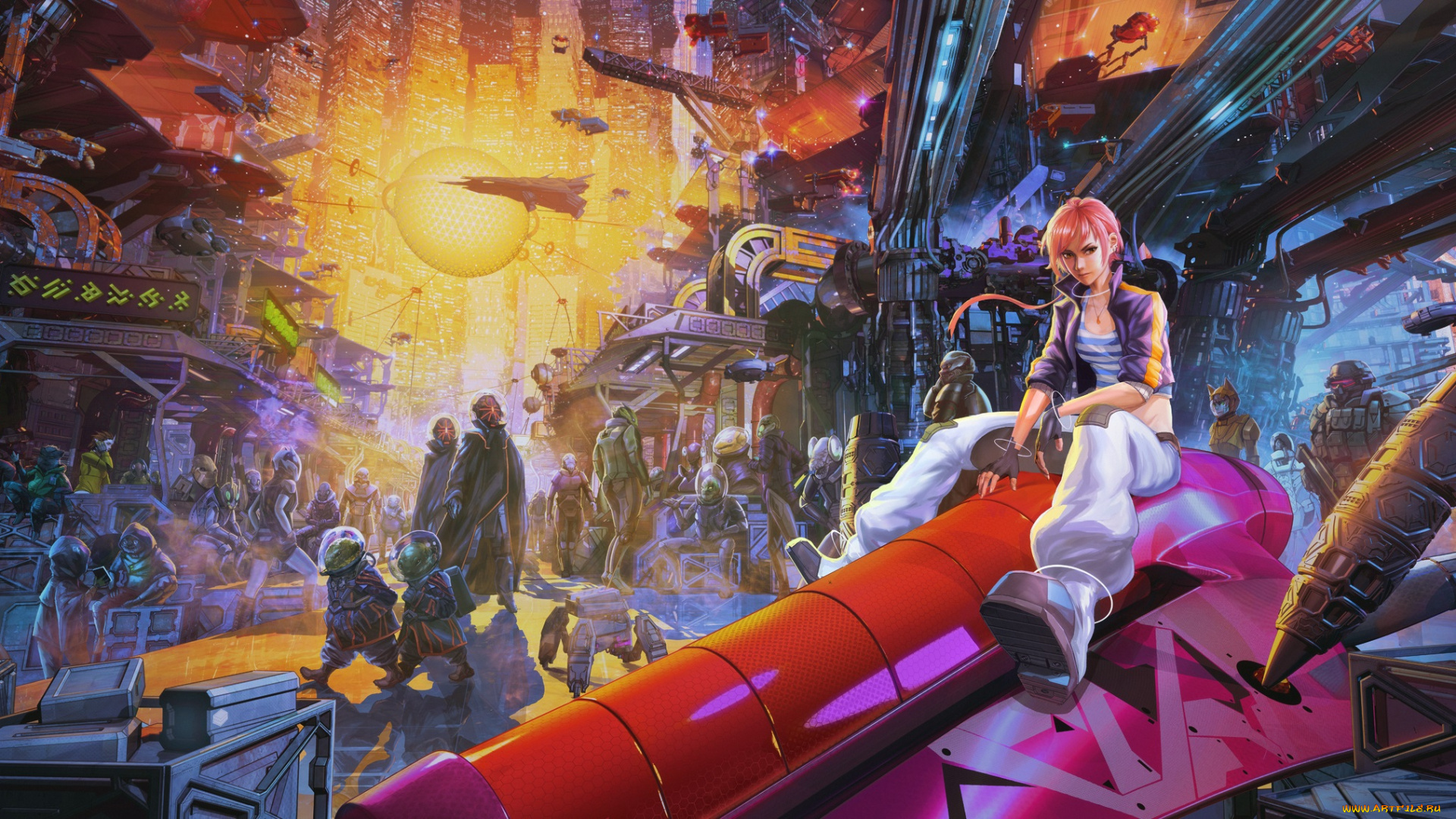 аниме, оружие, , техника, , технологии, арт, arsenixc, девушка, существа, город