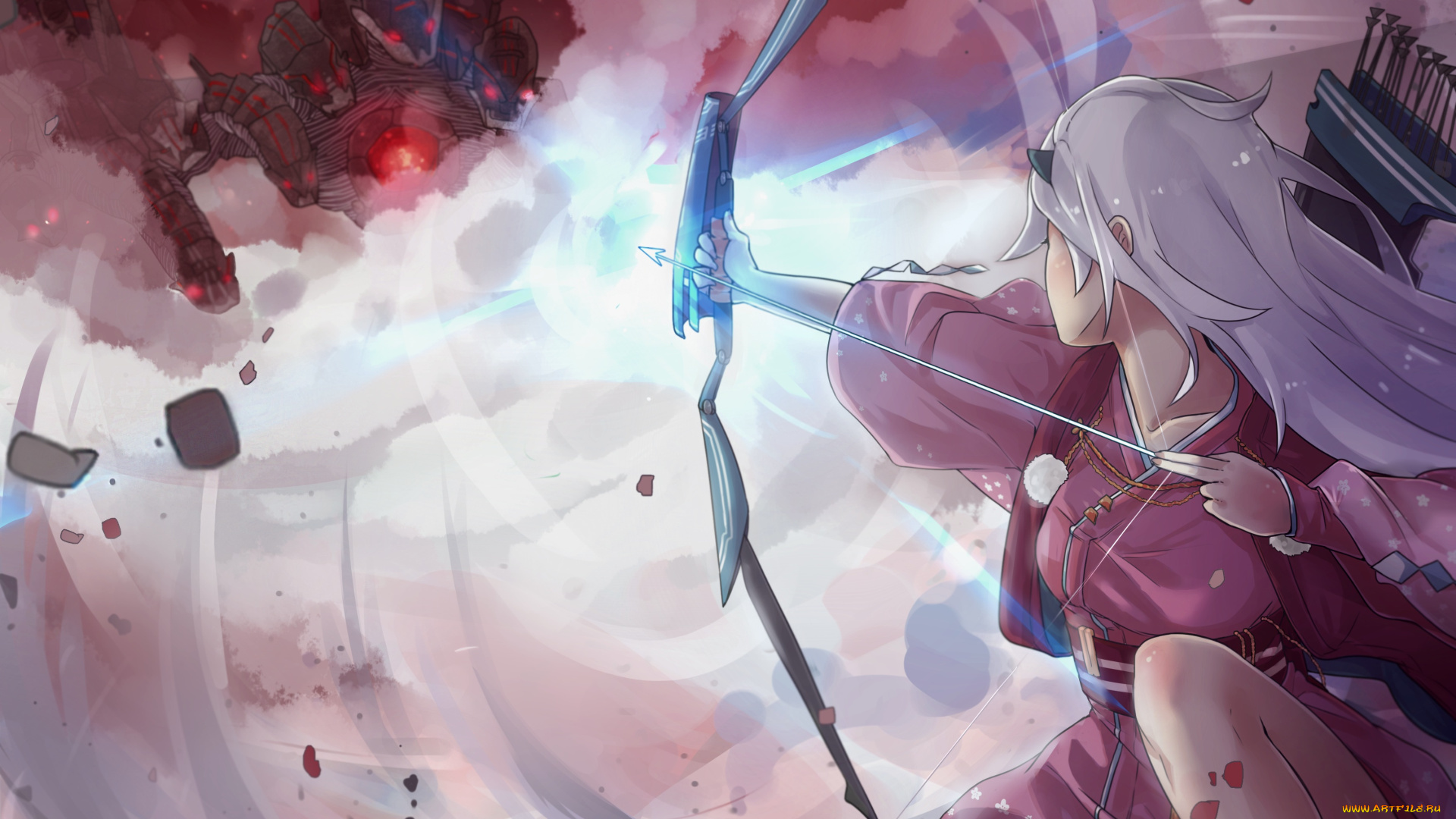 аниме, оружие, , техника, , технологии, небо, монстр, облака, стрела, лук, девушка, арт, soompook2122, suppakarn, prakobkij