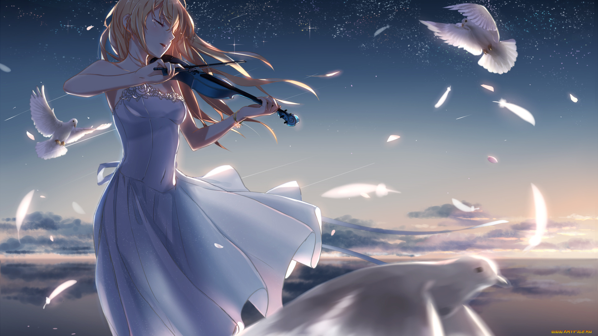 аниме, shigatsu, wa, kimi, no, uso, скрипка, девушка, звезды, перья, голуби