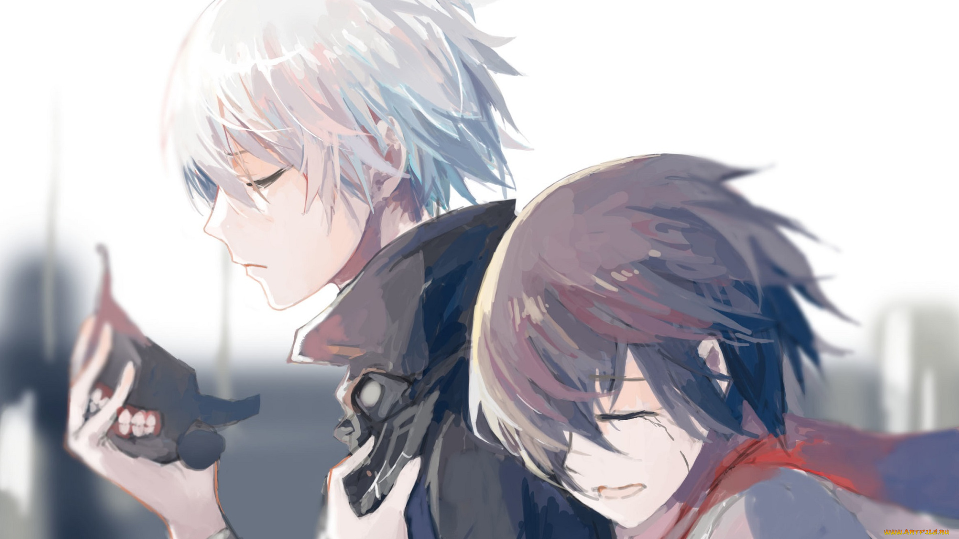 аниме, tokyo, ghoul, арт, ringo, ruoyuwang, tokyo, ghoul, kaneki, ken, kirishima, touka, девушка, слезы, маска, парень, шарф