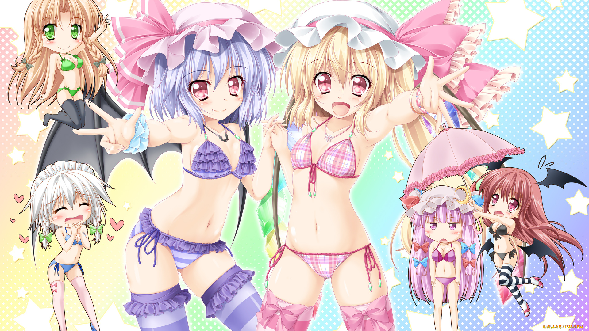 аниме, touhou, izayoi, sakuya, remilia, scarlet, hong, meiling, рюши, бельё, девушки, арт, patchouli, knowledge, kamiya, tomoe, koakuma, flandre