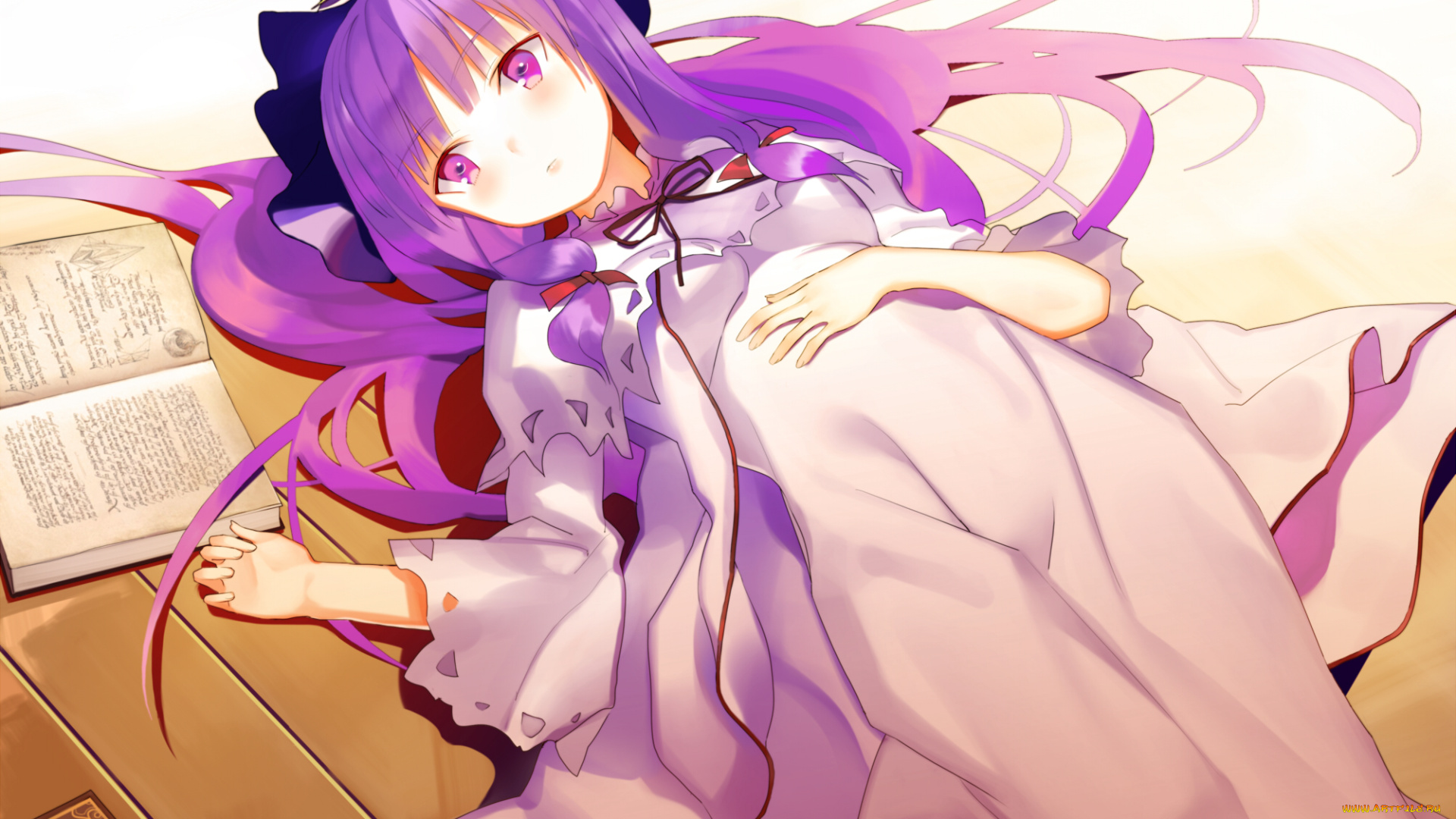 аниме, touhou, лежит, девушка, книга, арт, patchouli, knowledge