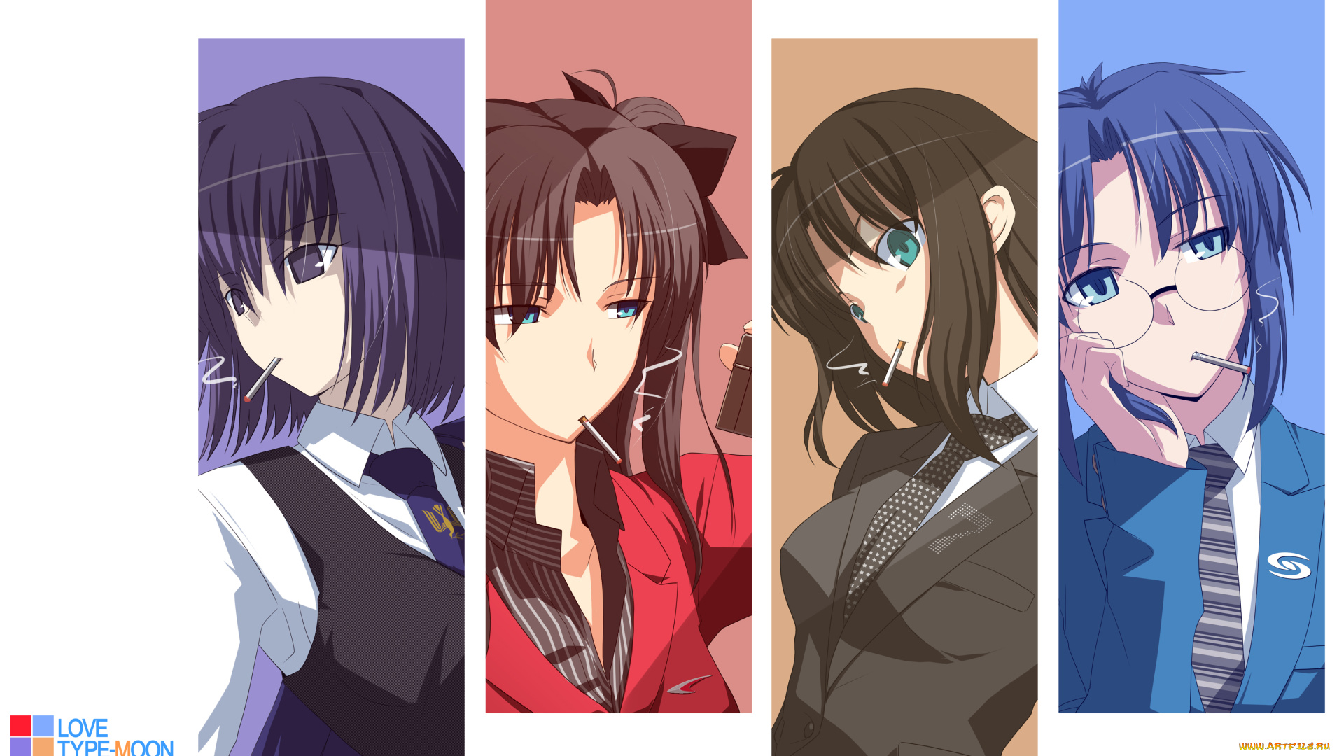 аниме, unknown, , другое, ciel, kokutou, azaka, kuonji, alice, tohsaka, rin, коллаж, девушки, сигареты, tsukii, tsukato