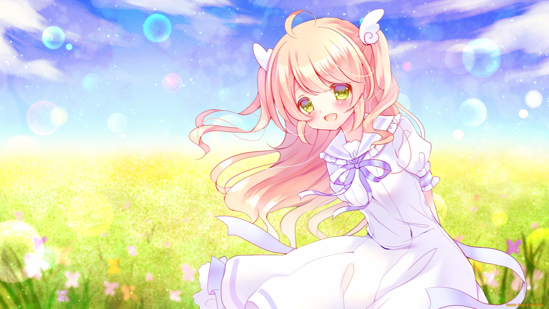 аниме, unknown, , другое, цветы, луг, лето, девочка, арт, yuduki