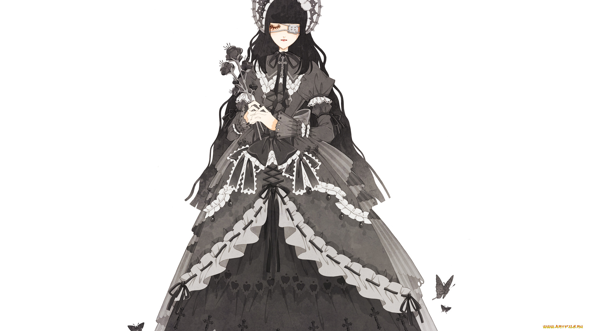 аниме, unknown, , другое, пышное, платье, девушка, готическая, лолита, gothic, lolita, черные, цветы, бабочки, повязка, кресты
