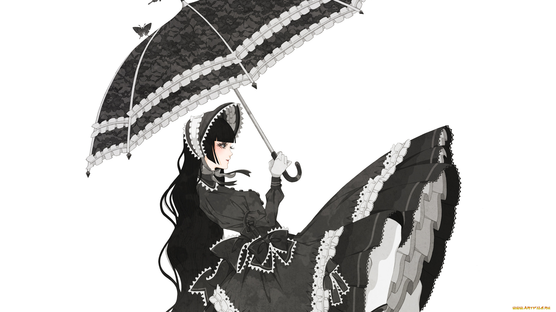 аниме, unknown, , другое, пышное, платье, зонт, девушка, готическая, лолита, gothic, lolita, бабочки, банты