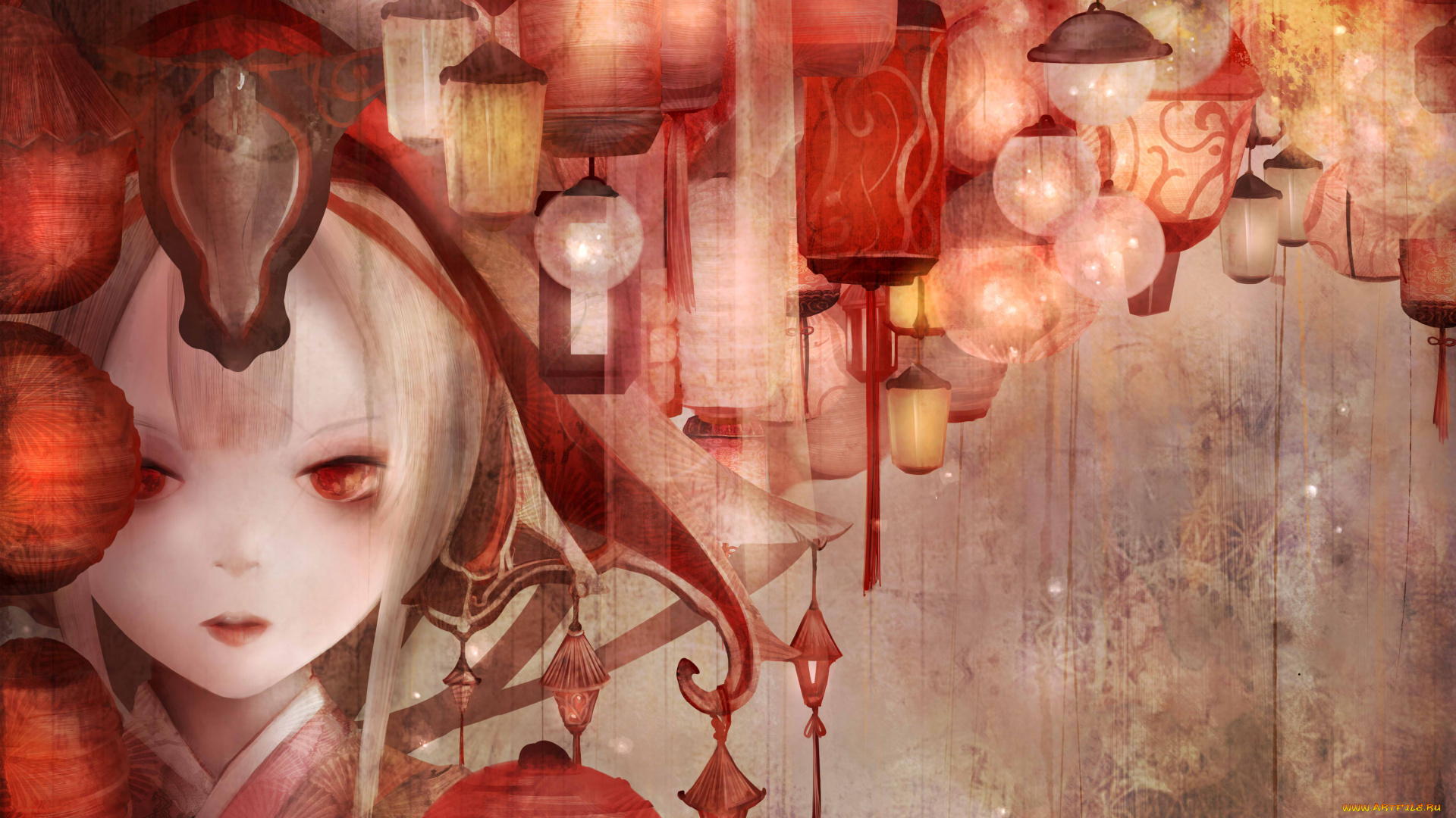 аниме, unknown, , другое, zhang, xiao, bo, фонари, девушка, лицо, арт